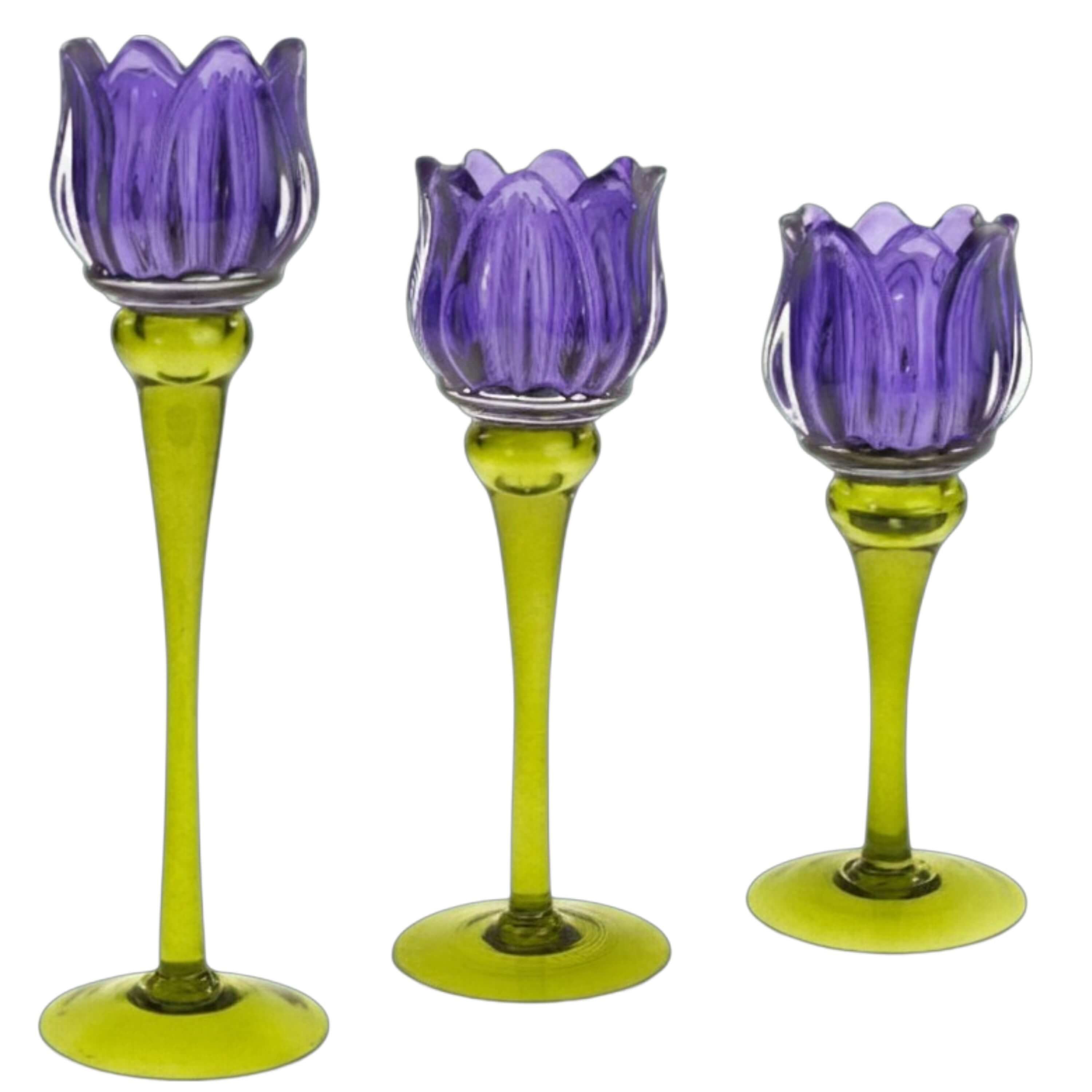 degawo Teelichthalter Teelichthalter Tulpe Glas 3er Set L M S Violett Deko für Zuhause Set (3 x Kerzenhalter -S-M-L)