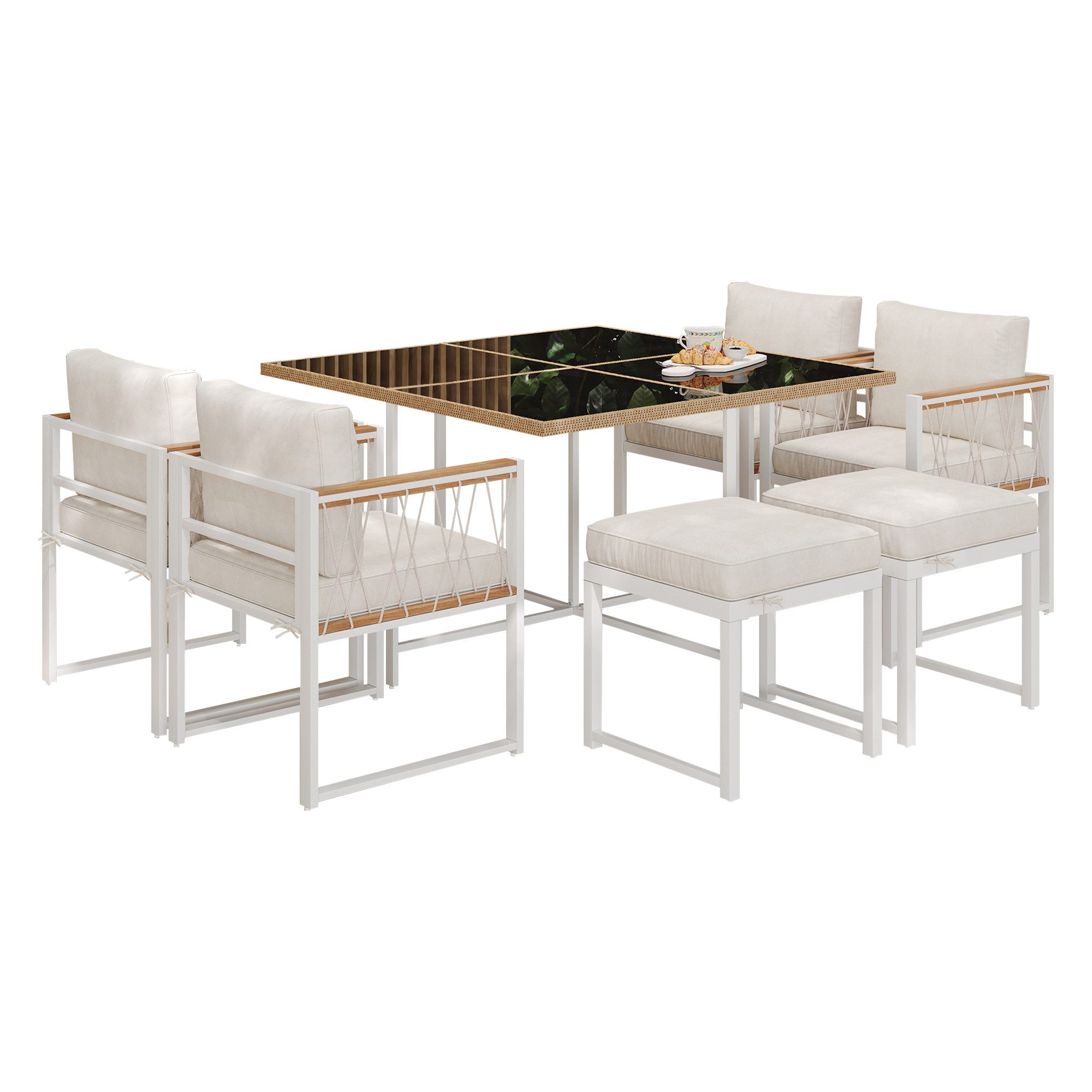 HAUSS SPOLE Gartenlounge-Set 7-teiliges Esstisch- Stuhlset für 6 Personen Tisch aus gehärtetem Glas, (Garten-Lounge-Set, Gartenmöbel-Set, Outdoor-Sofa-Set, Balkonset, 7-tlg., Tisch aus gehärtetem Glas), für 6 Personen, für den Außenbereich