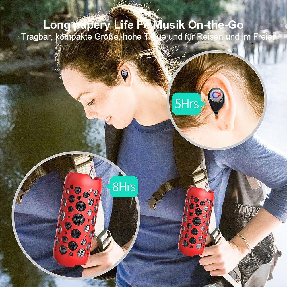 TUABUR Tragbarer Bluetooth-Lautsprecher, kabelloses Bluetooth-Lautsprecher 360°-Sound-Mikrofon Rot