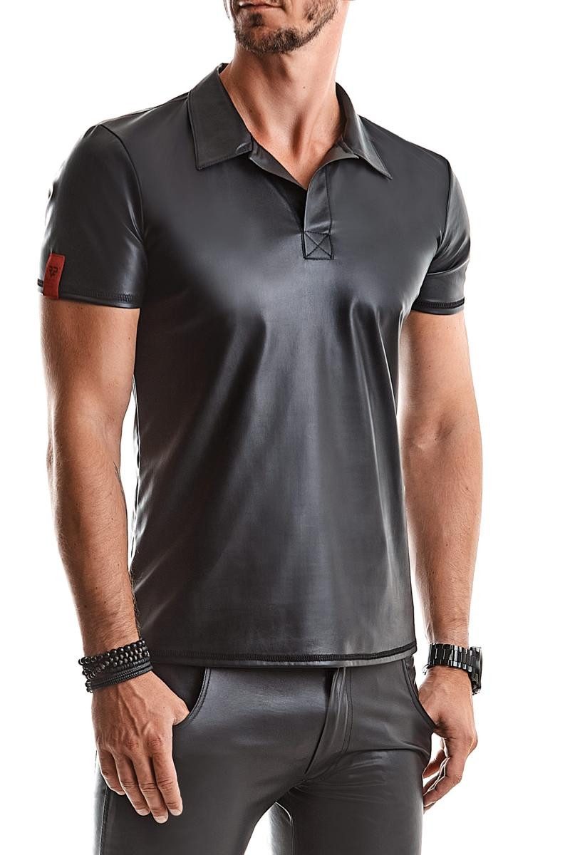 Regnes Fetish Planet T-Shirt Herren T-Shirt schwarz aus wetlook Material mit Stehkragen Männer Polo