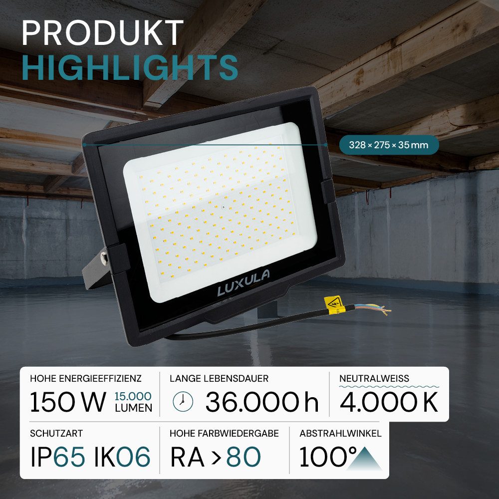 LUXULA LED Flutlichtstrahler LUXULA LED Fluter 150 W 4000 K Neutralweiß Schwarz, LED fest integriert, Neutralweiß