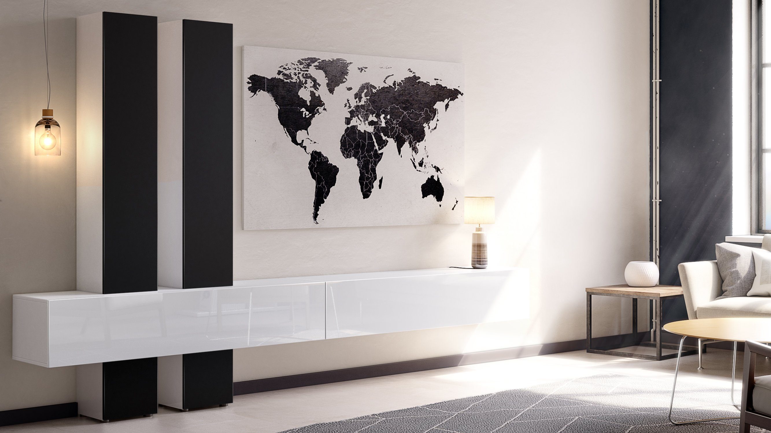 Vladon Wohnwand Moja, (Anbauwand, mit Rückwand mit 4 Türen und 2 Klappen), Weiß / Schwarz matt (330 x 204 x 39 cm)