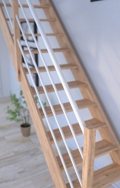 Starwood Raumspartreppe Holztreppe Rhodos in gerader Ausführung-Eiche-Holz-Edelstahl Geländer