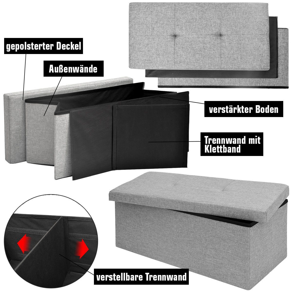 DuneDesign Sitzbank Faltbare Sitzbank (1-St), Fußbank mane Sitztruhe+Trennwand Polsterbank 80l