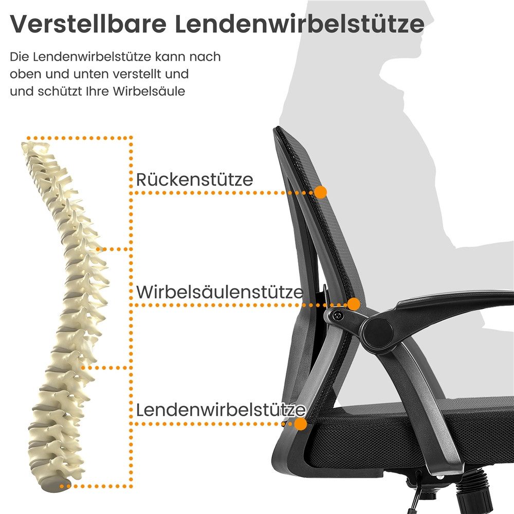 Yaheetech Drehstuhl Höhenverstellbarer Bürostuhl mit Wippfunktion, Schreibtischstuhl mit Hochklappbaren Armlehnen & Lendenwirbelstütze – Bild 5 von 5