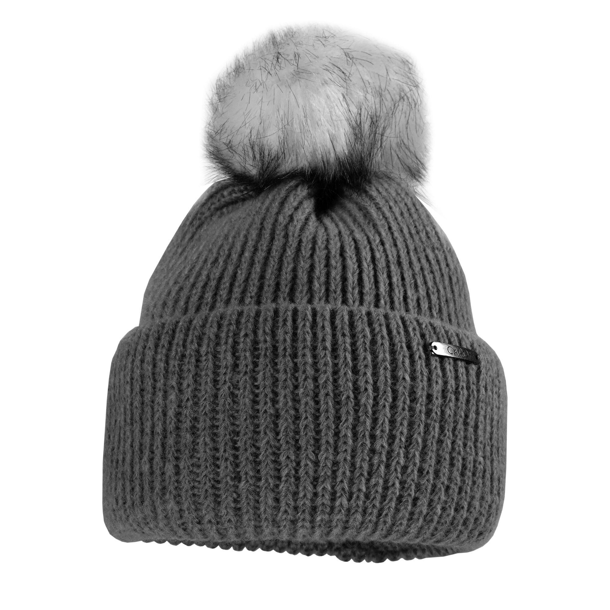 CAPO Strickmütze Strickmütze, breiter Umschlag fake fur Pompon, Teilfutter Fleece (1-St)