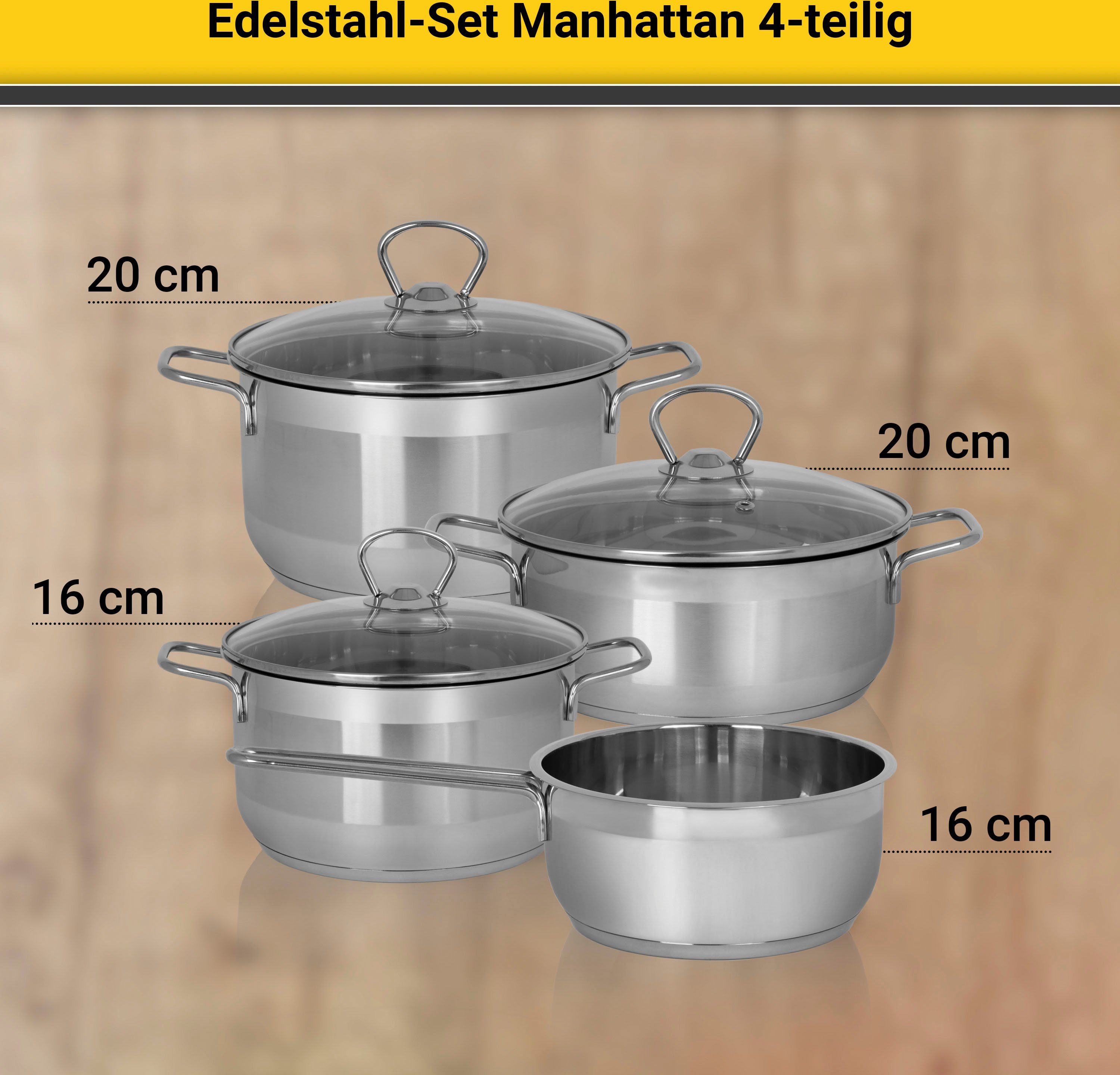 Krüger Topf-Set Manhattan, Edelstahl (Set, 7-tlg., Bratentopf Ø 20 cm, Fleischtopf Ø 16/20 cm, Stieltopf Ø 16 cm), für Induktions-Kochfelder geeignet