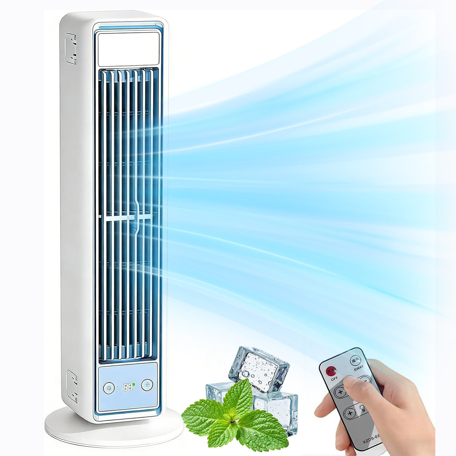 MOPUEA Turmventilator USB Tischventilator mit Akku 5 Stufen LED Display Fernbedienung, 5 Stufen LED Display Akku Fernbedienung 120° Schwenken