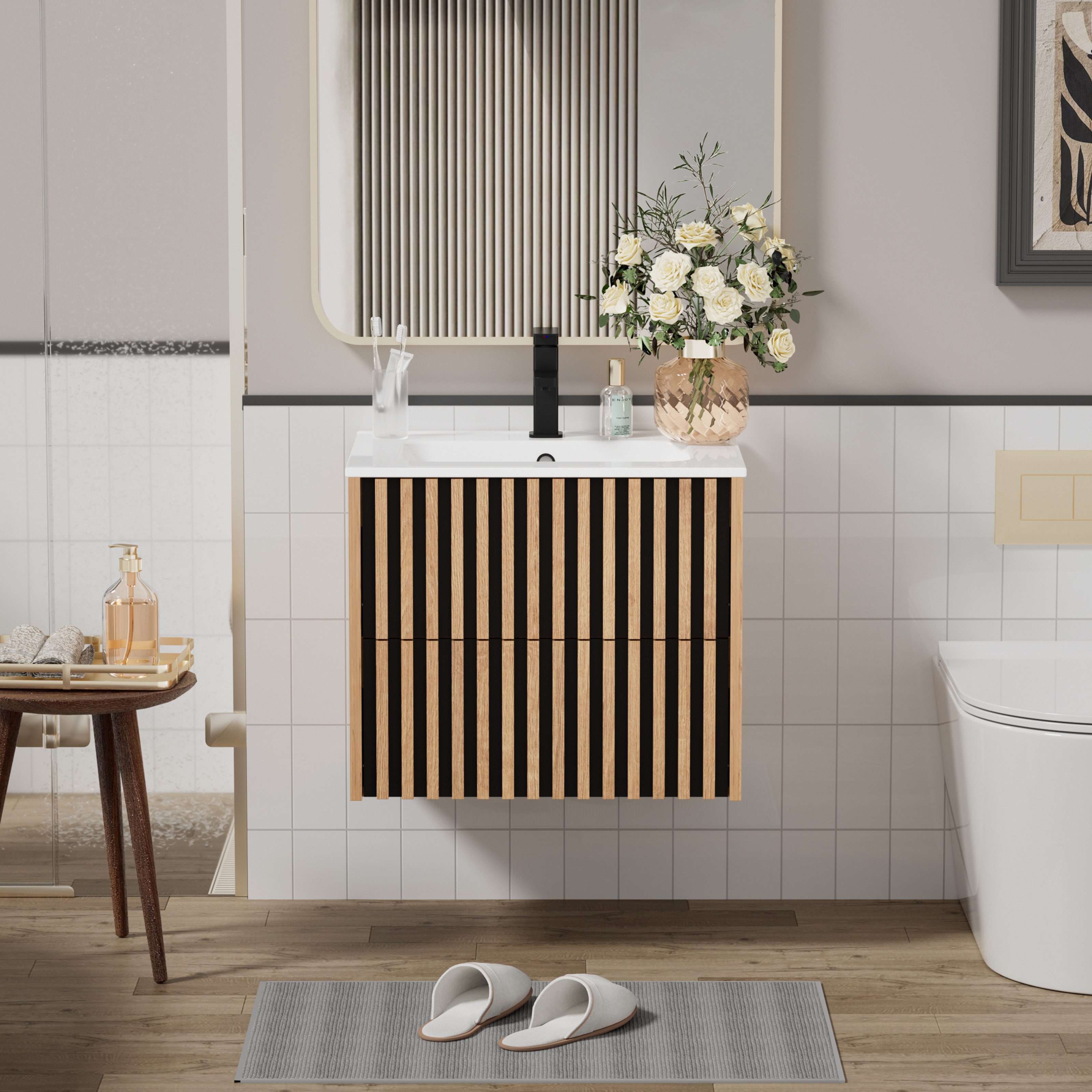 UEV Waschtisch Waschbecken mit Unterschrank set Badmöbel Gäste-WC (mit Wasserhahn und Pop-up-Ablassventil, Soft-close Schubladen,Waschbeckenunterschrank mit 2 Schubladen), Badezimmmer Schrank für Gäste WC, Komplett-Set Badmöbel