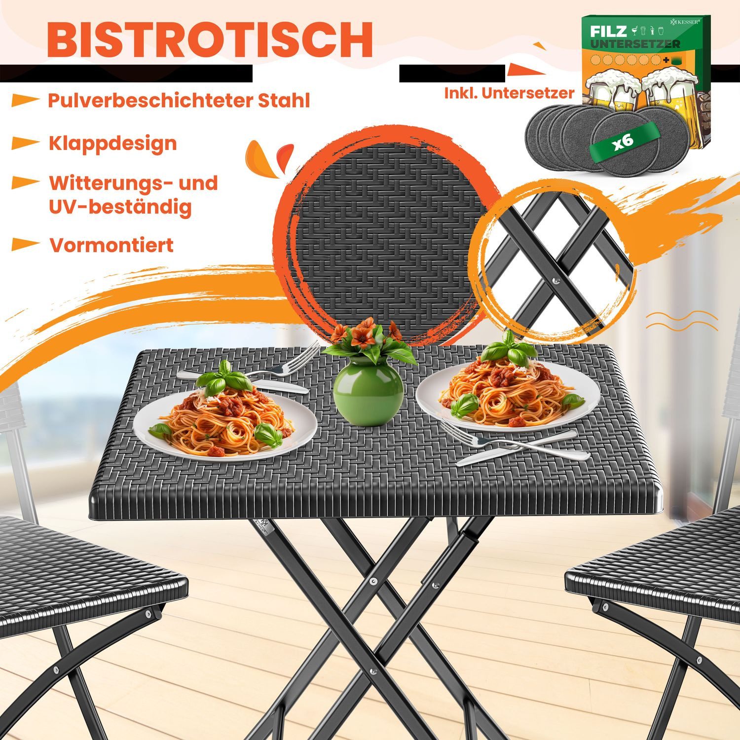 KESSER Bistrotisch Balkontisch klappbar (Gartentisch mit 6 Filz-Untersetzer günstig online kaufen