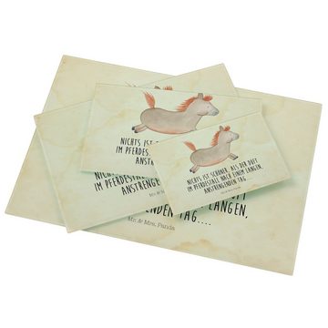 Mr. & Mrs. Panda Servierbrett Pferd Springen - Vintage - Geschenk, Bauernhof, Schneidebrett, Landwi, Premium Glas, (1-St), Handgefertigte Gravuren