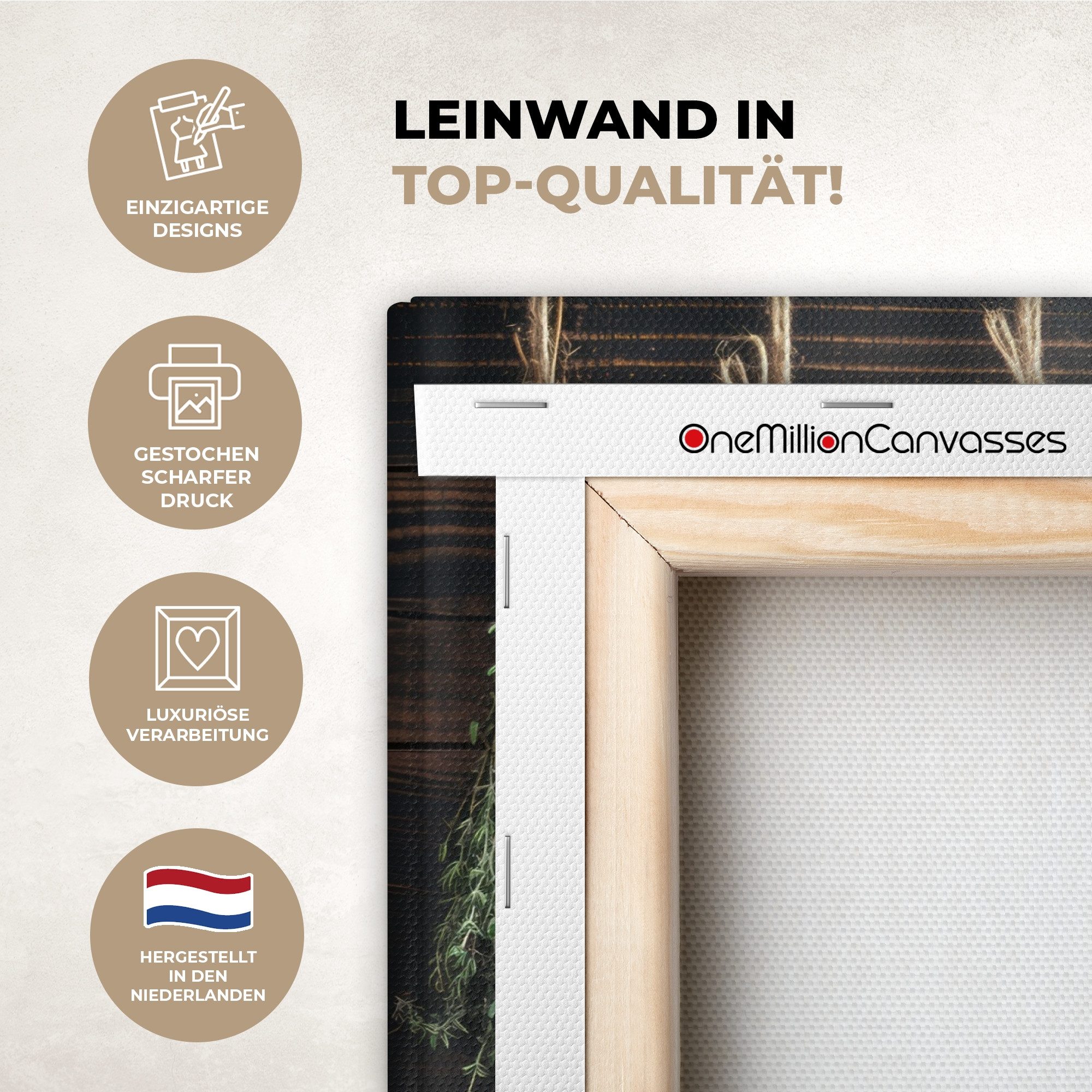OneMillionCanvasses® Leinwandbild Kräuter - Gewürze - Holz - Stilleben, Fotodruck (1 St), Wandbilder für Esszimmer, Wanddeko Bilder Küche, 30x20 cm