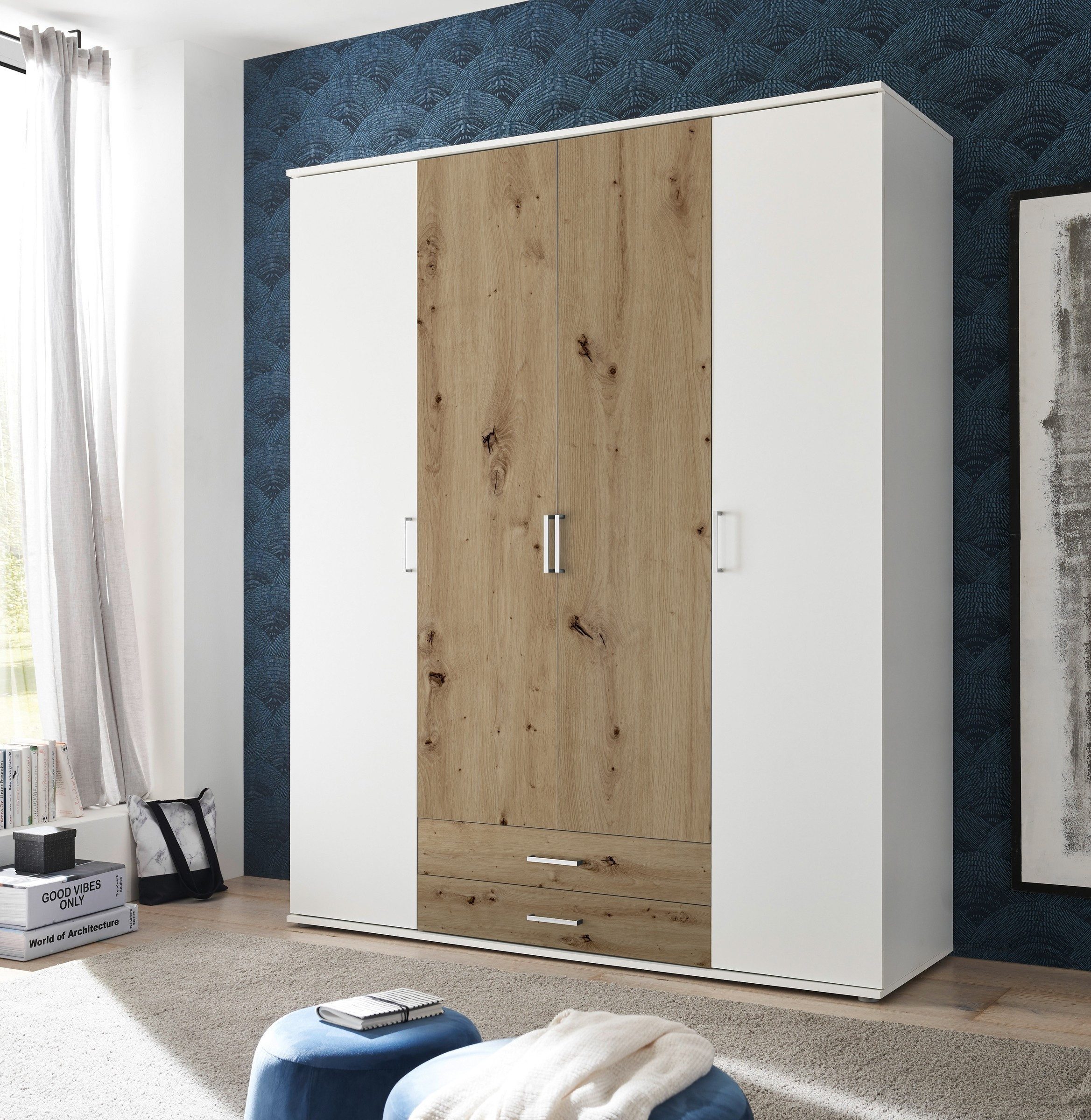 Pol-Power Kleiderschrank in Weiß / Artisan Eiche mit 2 Schubladen und 4 Türen (BxHxT: 160x196x54 cm)