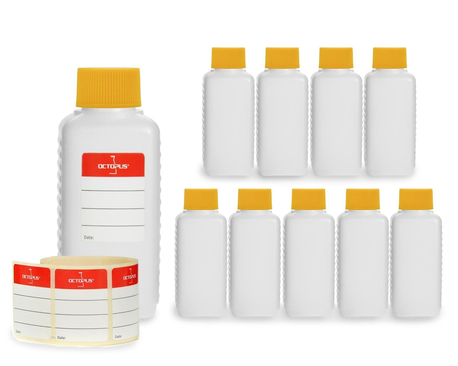 OCTOPUS Kanister 10 Plastikflaschen 100 ml mit gelben Deckeln (leer) (10 St) | Kanister