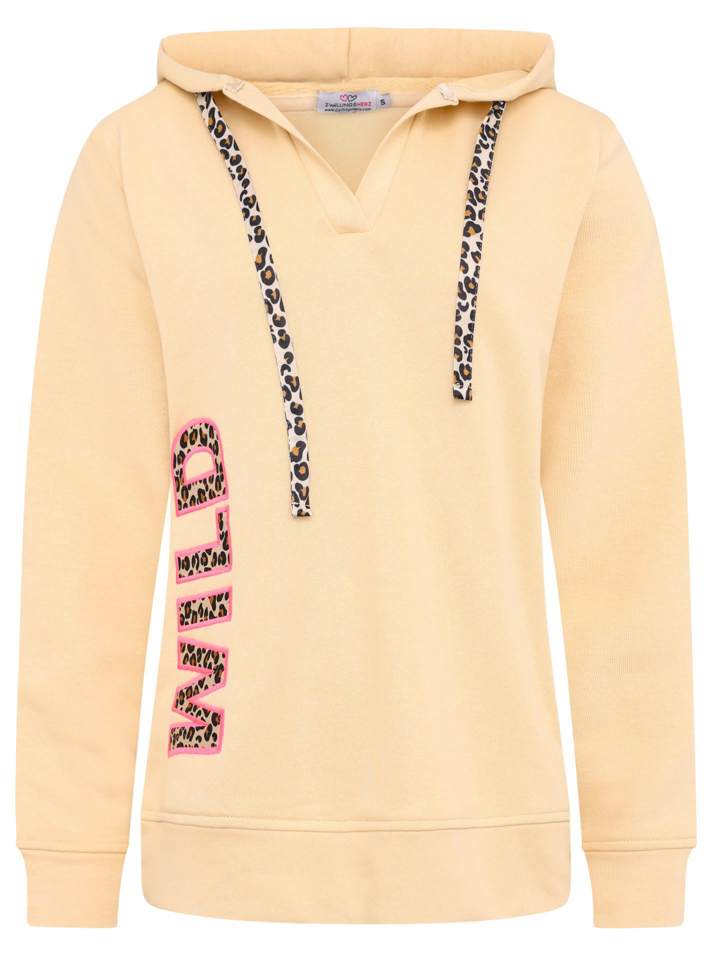 Zwillingsherz Hoodie "Wild" V-Ausschnitt, Leo Applikation: WILD, Kapuze und Leo-Kordelzug – Bild 3 von 4