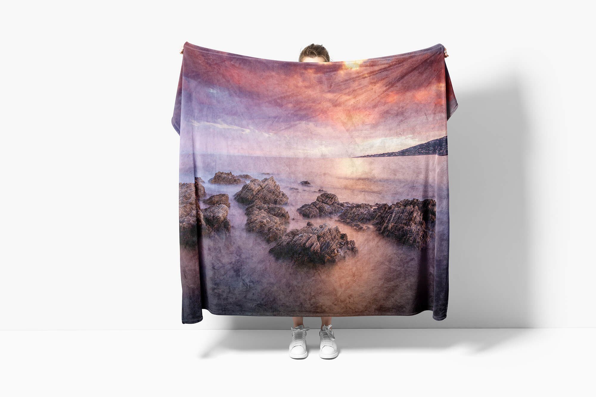 Handtuch Saunatuch Küste mit Kuscheldecke Strandhandtuch Ozean Art Felsen, Handtuch Baumwolle-Polyester-Mix Sinus Fotomotiv (1-St), Handtücher