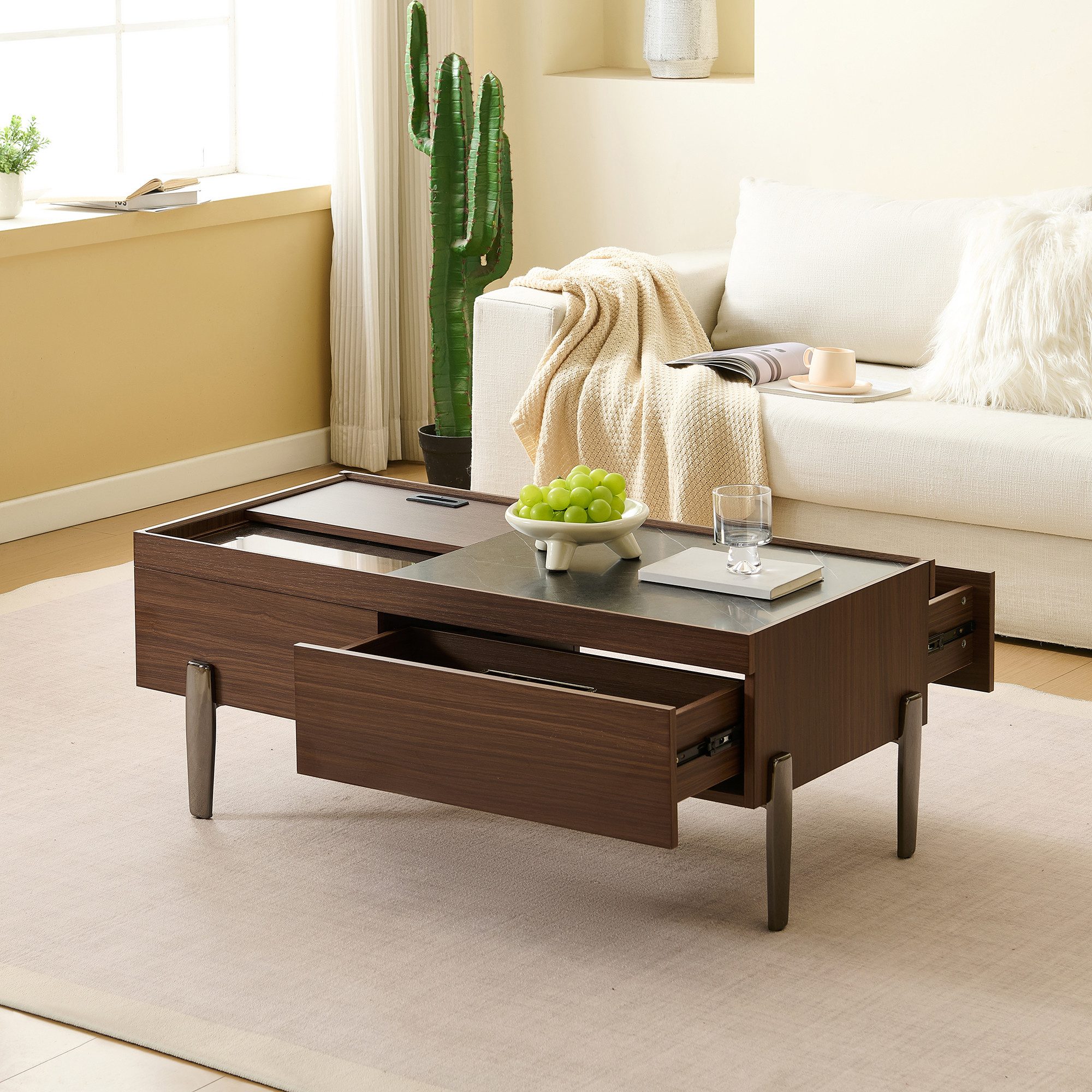 STILVORA Couchtisch mit Schubladen&Glasplatte,Sofatisch Wohnzimmertisch mit Metallbeine (Satztisch, Wohnzimmertisch, Beistelltisch, 1-St., Schubladen, Glasplatte, Metallbeine), Dunkelbraunes Holzdesign, Holzmaserung in Marmoptik