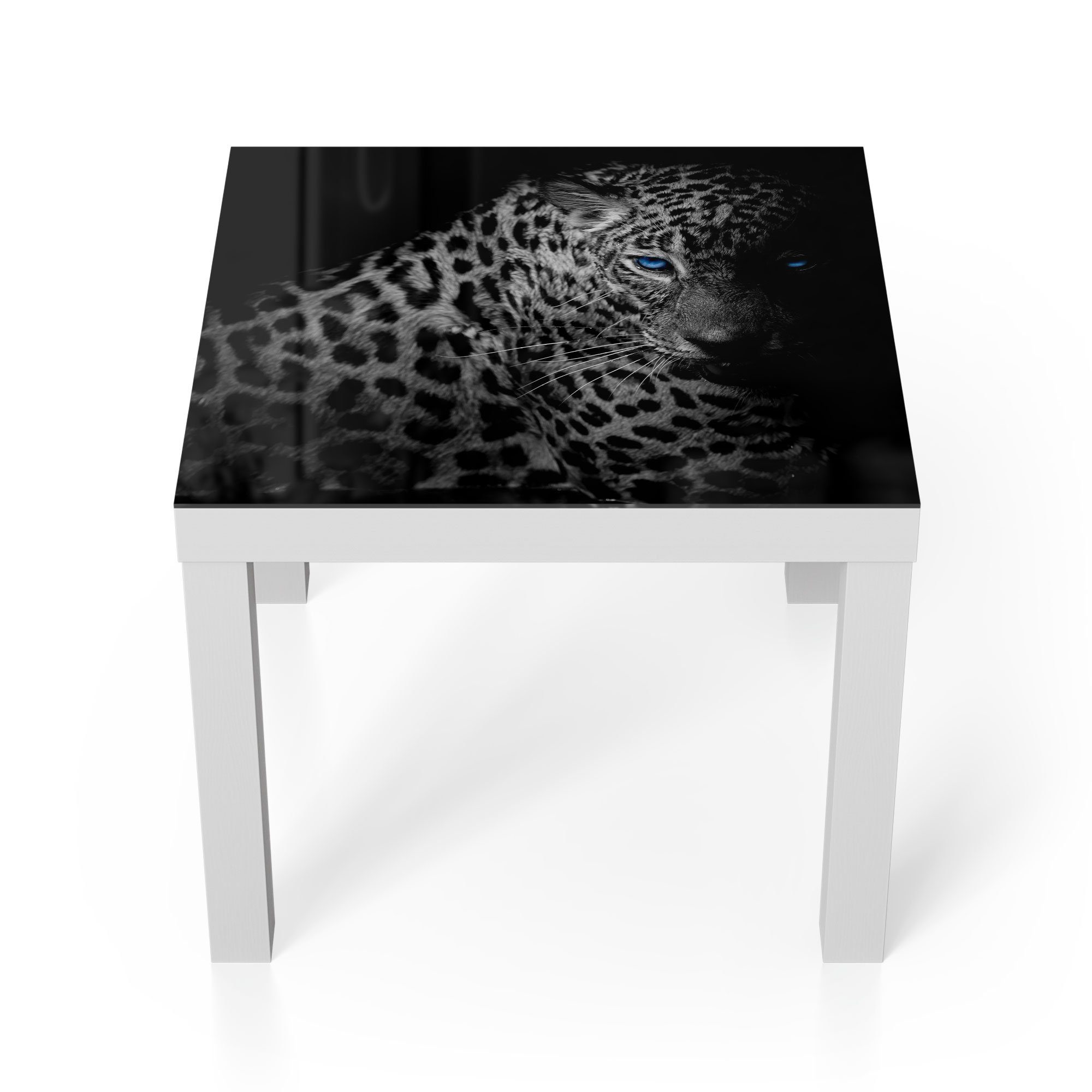 DEQORI Couchtisch 'Leopard mit blauen Augen', Glas Beistelltisch Glastisch modern Weiß