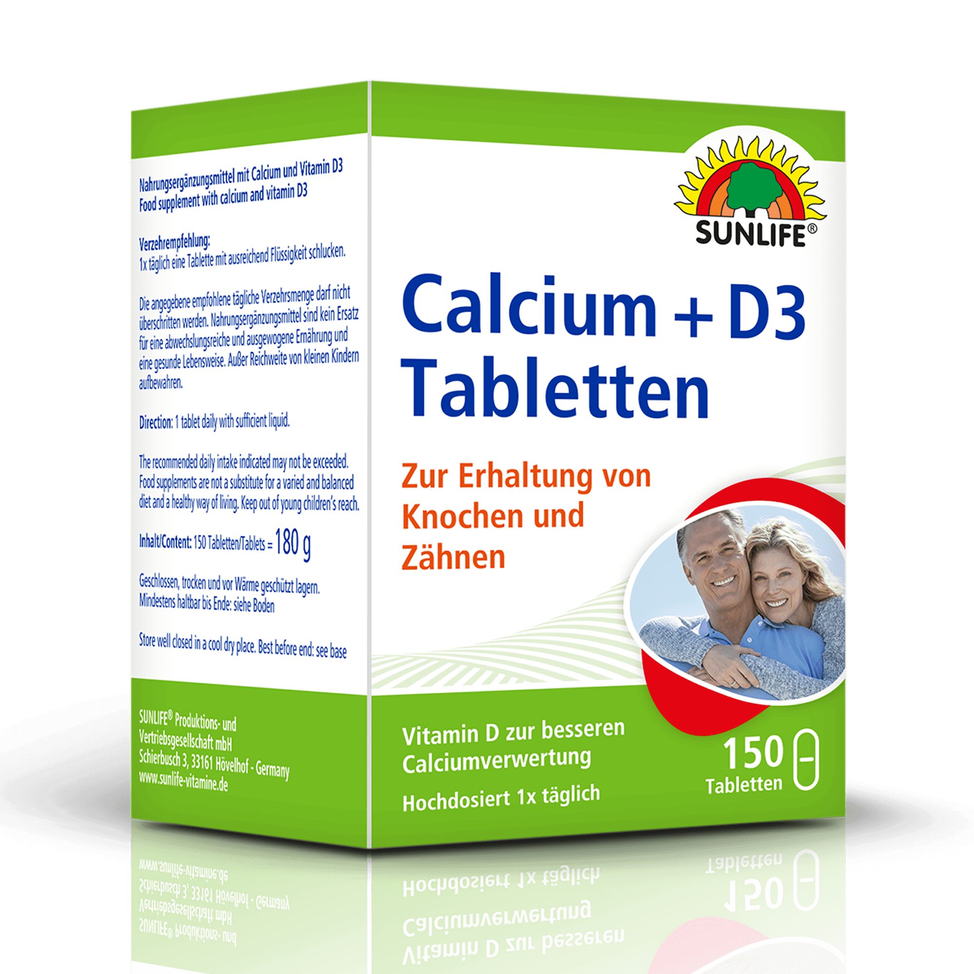 SUNLIFE SUNLIFE® Calcium + Vitamin D3 Tabletten hochdosiert Erhalt von Knochen 1 x täglich eine Tablette mit ausreichend Flüssigkeit schlucken