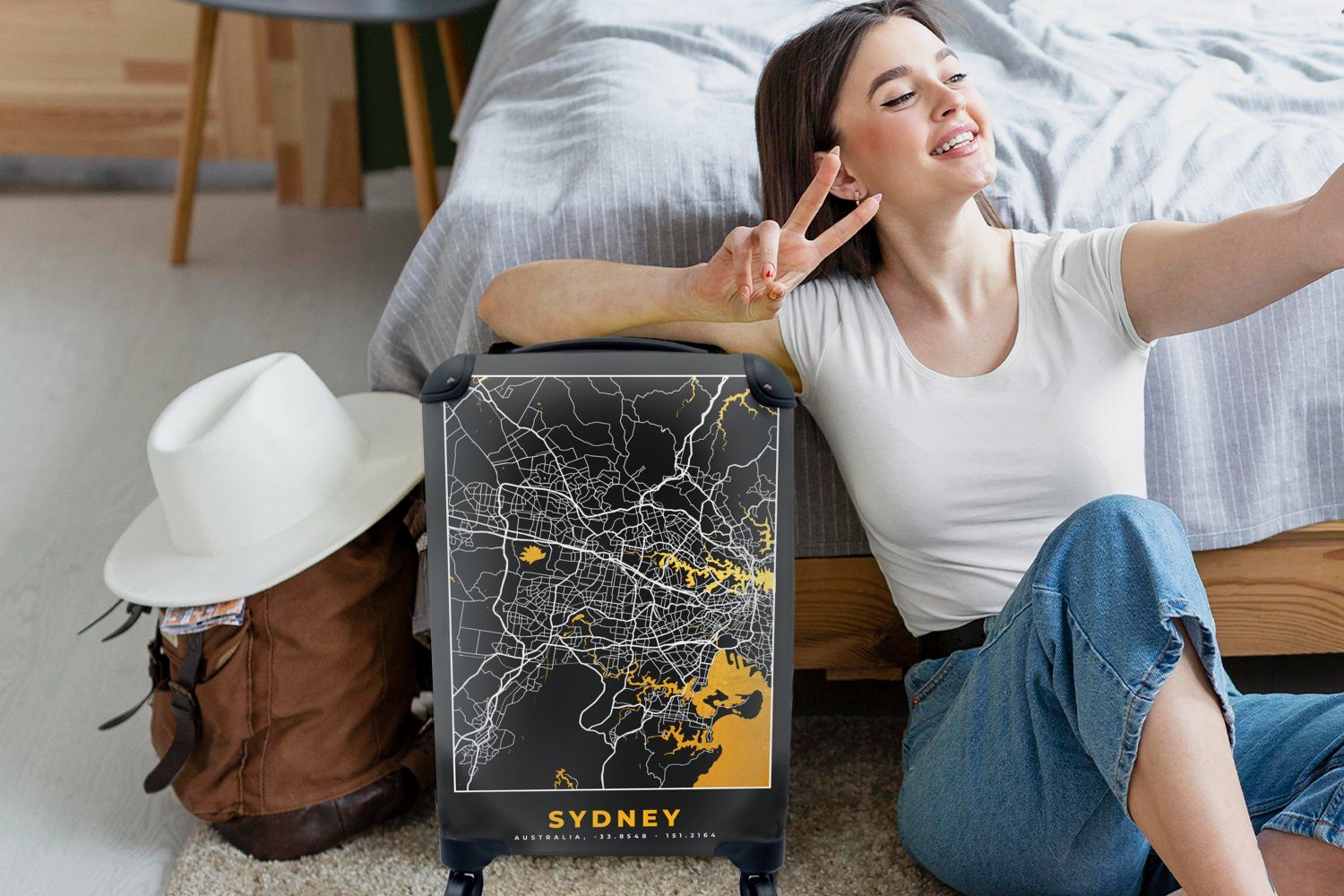 Sydney Handgepäckkoffer Reisekoffer Trolley, Handgepäck 4 mit - Rollen, Reisetasche Gold Stadtplan Karte, - - MuchoWow Ferien, für rollen,
