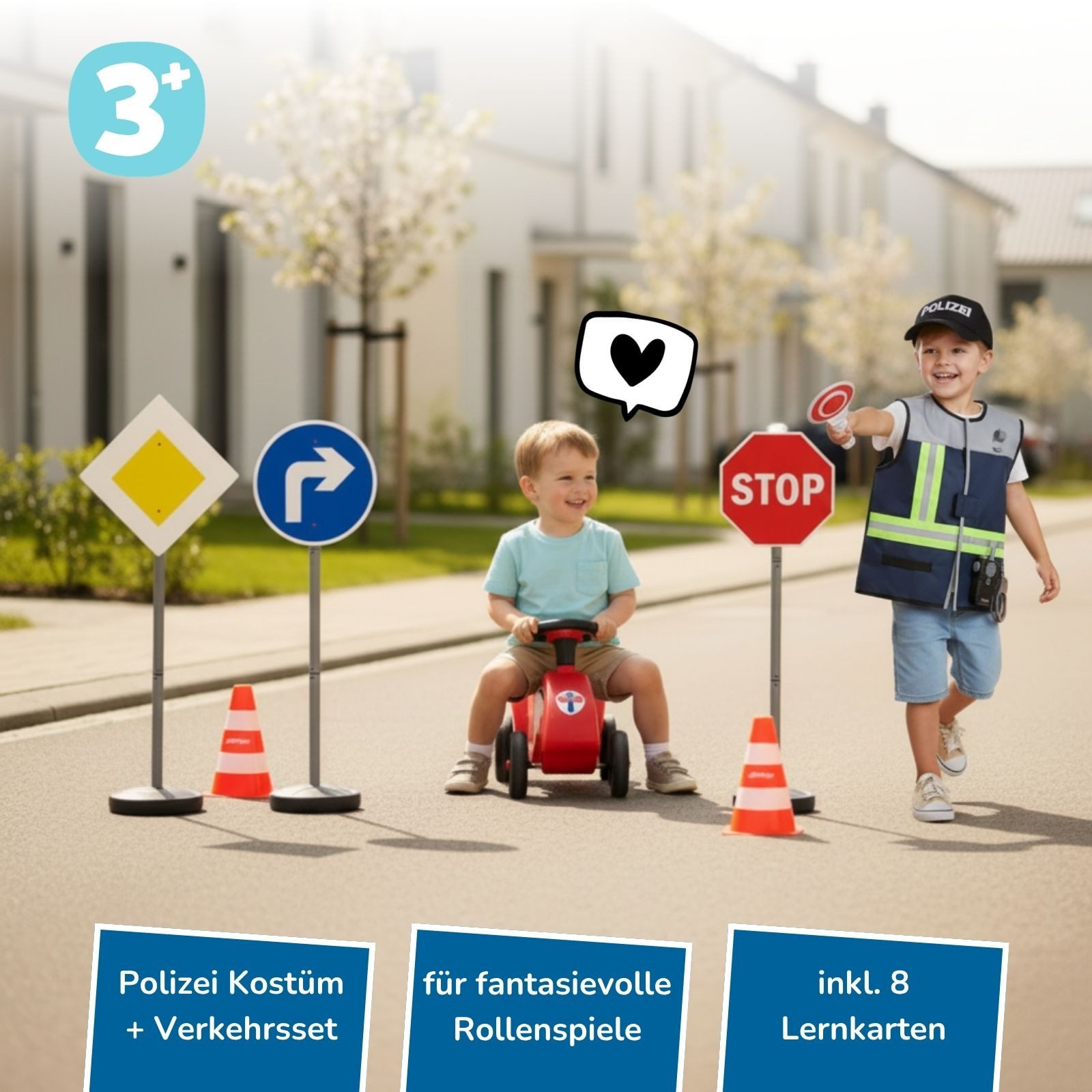 alldoro Spiel-Verkehrszeichen XXL Verkehrsset + Polizei Rollenspielset für Kinder ab 3 Jahre, Polizei Verkleidung mit Accessoires + Ampel, 10 Schilder & 4 Pylonen