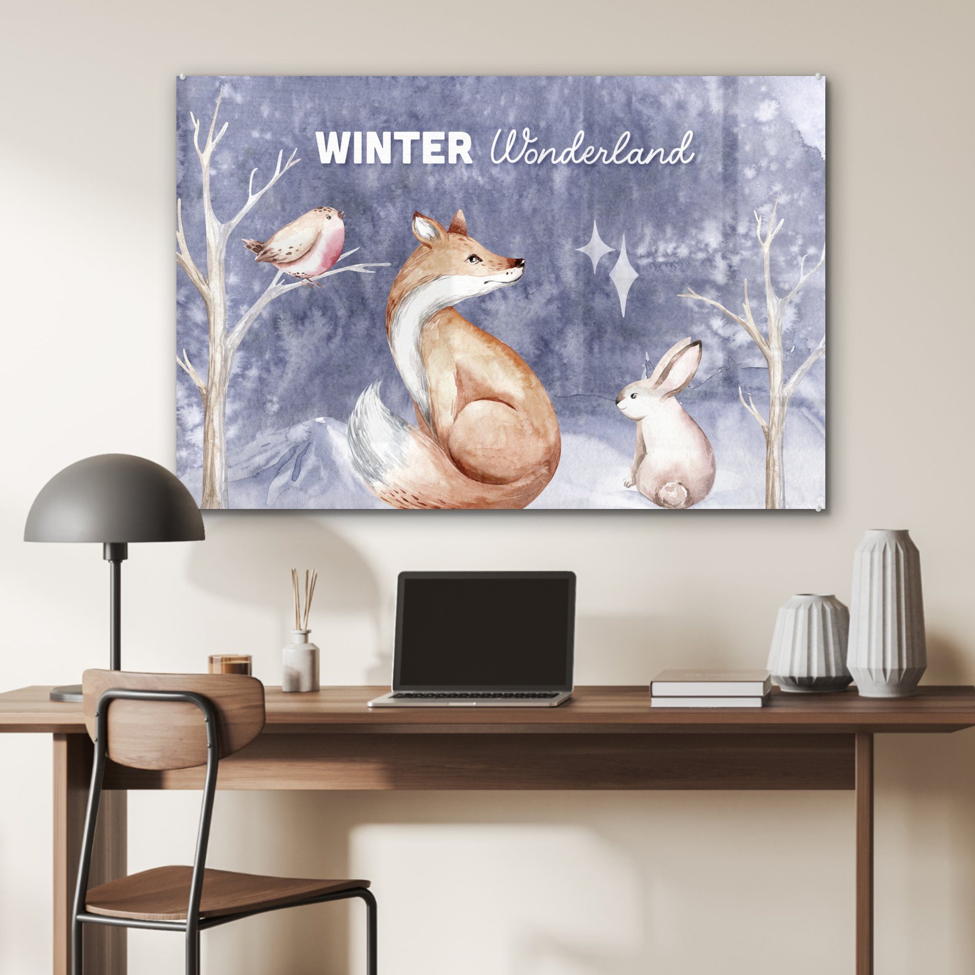 - St), Winter - Fuchs - Kaninchen, Acrylglasbild Vogel MuchoWow (1 Acrylglasbilder & Wohnzimmer Schlafzimmer