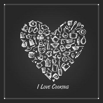 Wallario Möbelfolie I Love Cooking - Herz aus Küchenutensilien in schwarz weiß