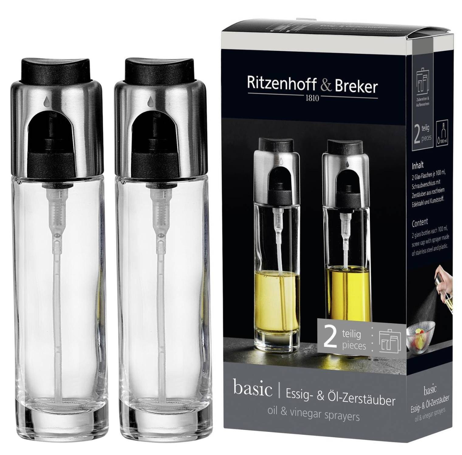 Ritzenhoff & Breker Vorratsglas Essig und Öl Zerstäuber Set 2 teilig 100 ml, Glas, (2-tlg), Unterschiedliche Tropfen Symbole
