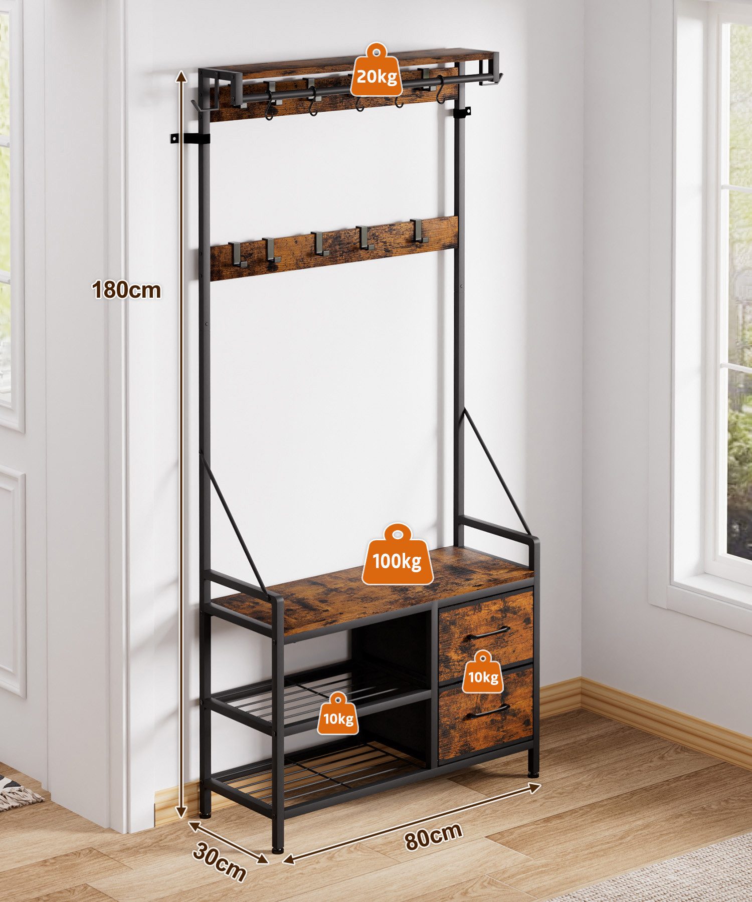 Yorbay Kleiderständer Garderobenständer mit Schuhregal & Sitzbank – 17 Haken, 2 Schuhreihen, (80x30x180 cm), 2 Stoffschubladen,Flurgarderobe für Diele, Wohnzimmer