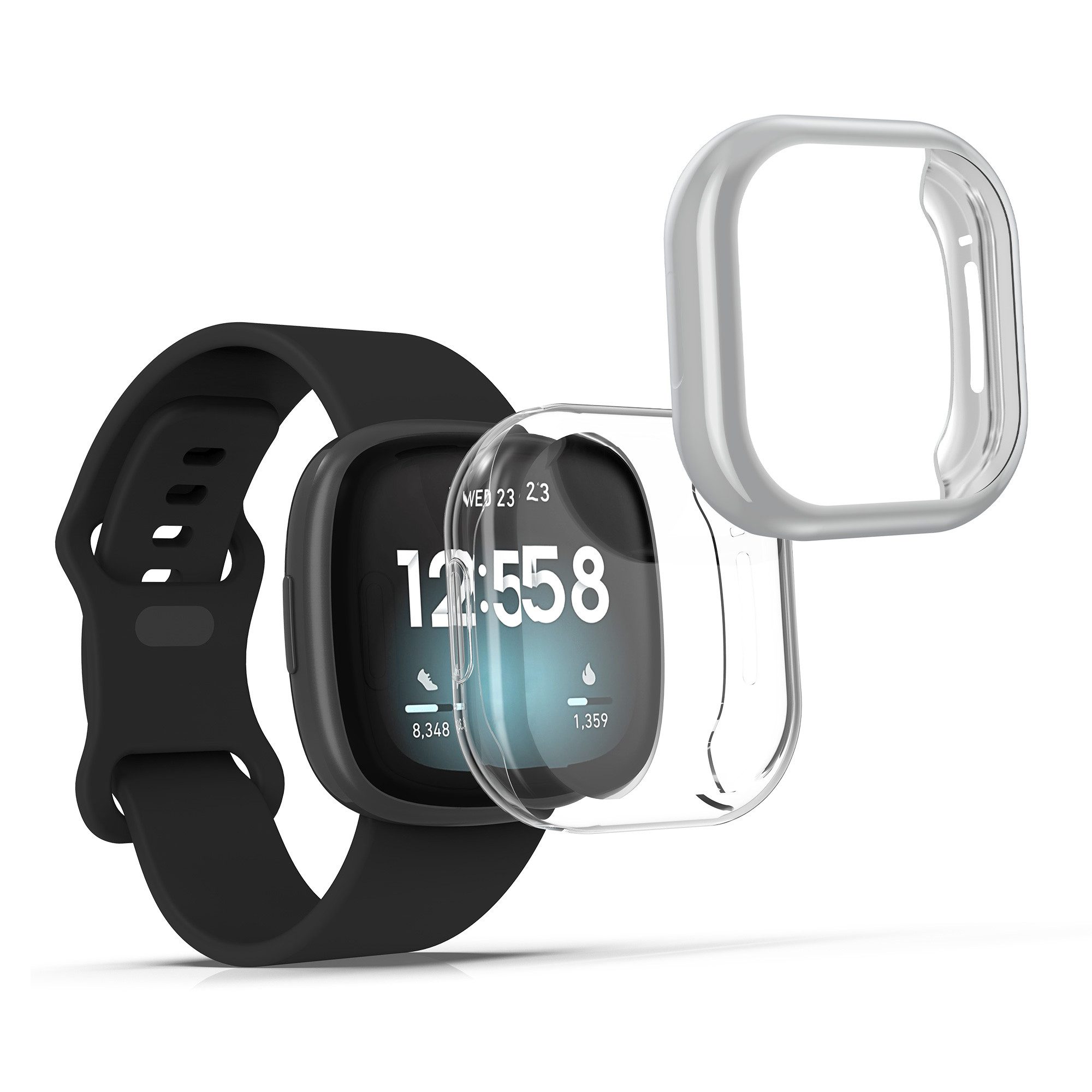 kwmobile Smartwatch-Hülle 2x Silikon Hülle für Fitbit Versa 3 / Sense, Schutzhülle Fullbody Display Cover Set aus Silikon