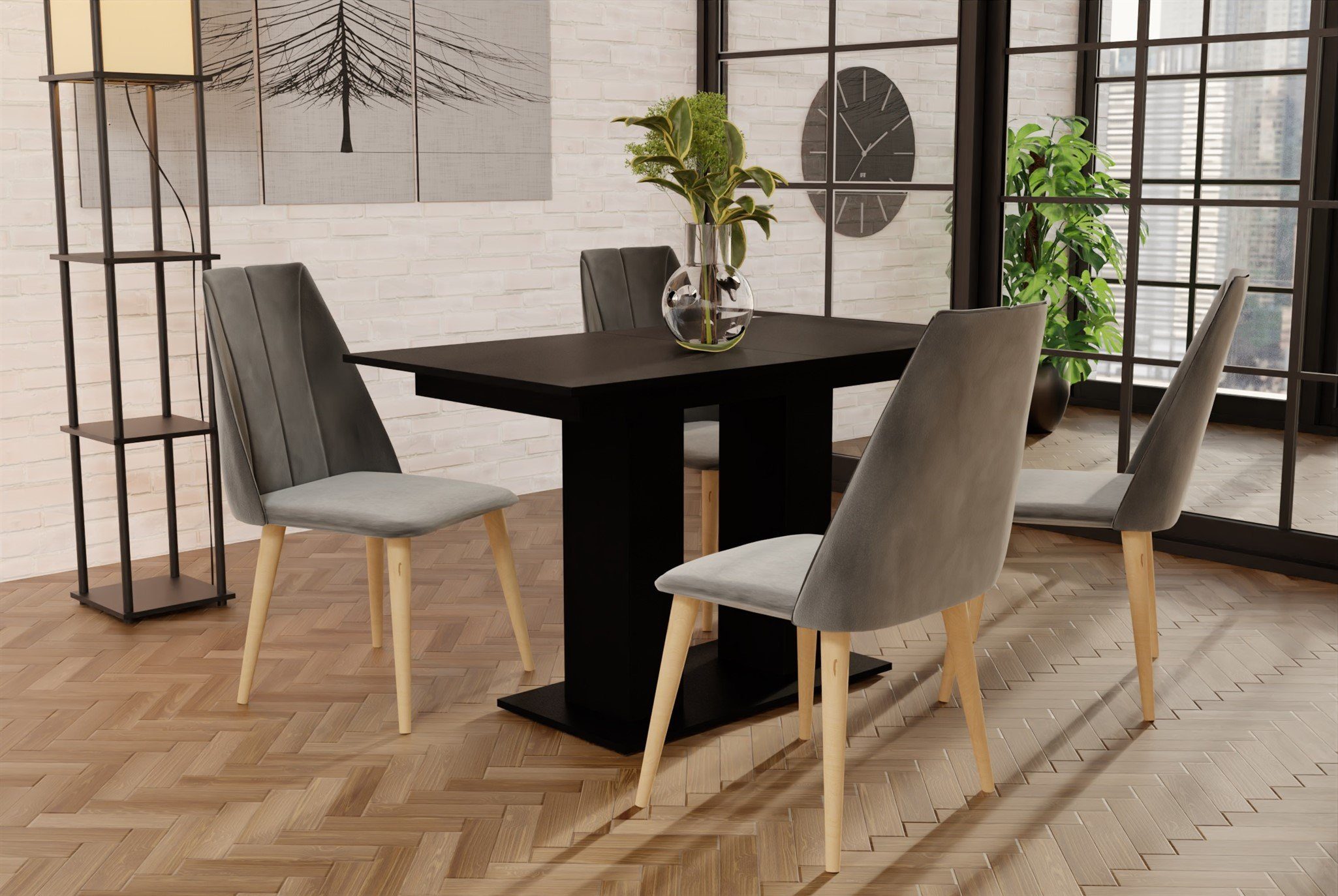 Fun Tisch und Stühlen Tisch matt, Essgruppe Schwarz CAROS Grau ausziehbarer Möbel 4 Essgruppe mit (5-tlg), DANTE