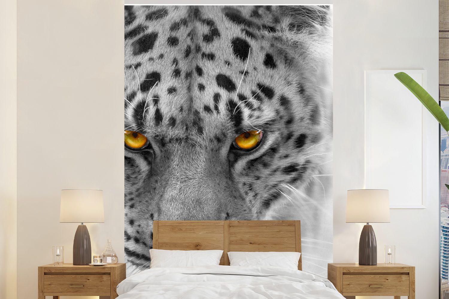 MuchoWow Fototapete Leopard - Schwarz - Weiß - Gelb, Matt, bedruckt, (3 St), Montagefertig Vinyl Tapete für Wohnzimmer, Wandtapete