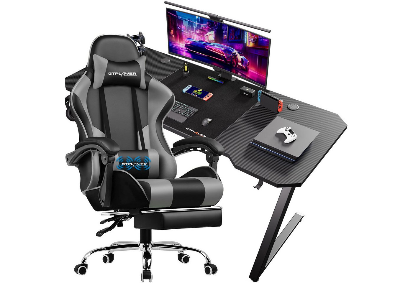 GTPLAYER Gaming-Stuhl Bürostuhl mit Massagefunktion, Fußstütze, Kopfstütze (Packung), Ergonomischer Gamer Stuhl Maximale Belastung 150 kg, 360° drehbar