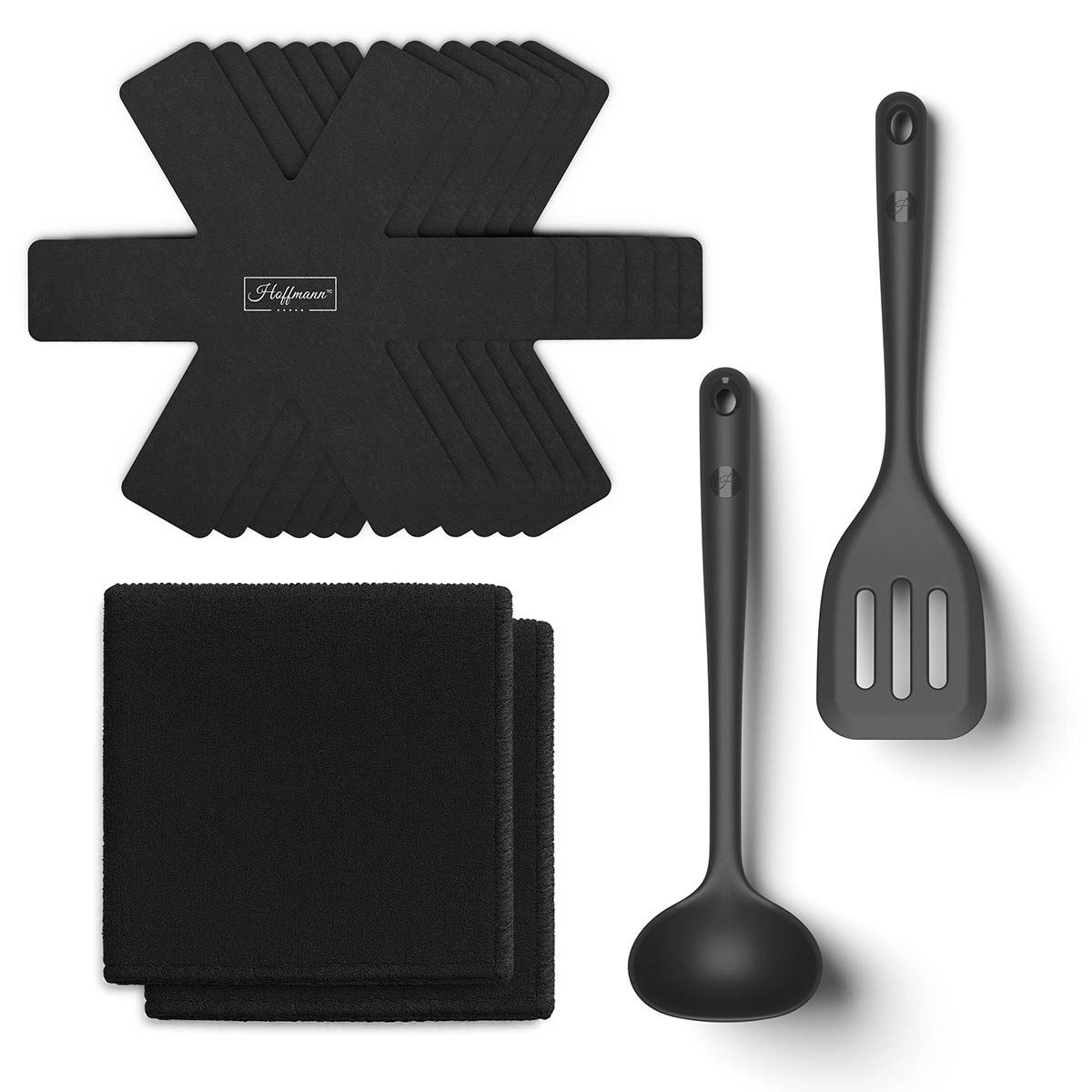 Hoffmann Germany Kochbesteck-Set Pflegeset Kochgeschirr 10-tlg., Schoner, Helfer, Mikrofaser (Set, 10-tlg., 6x Schoner + 1x Schöpfkelle + 1x Wender + 2x Mikrofasertuch), Silikon-Helfer, 5 mm Schoner, Mikrofasertuch, Antihaftschutz