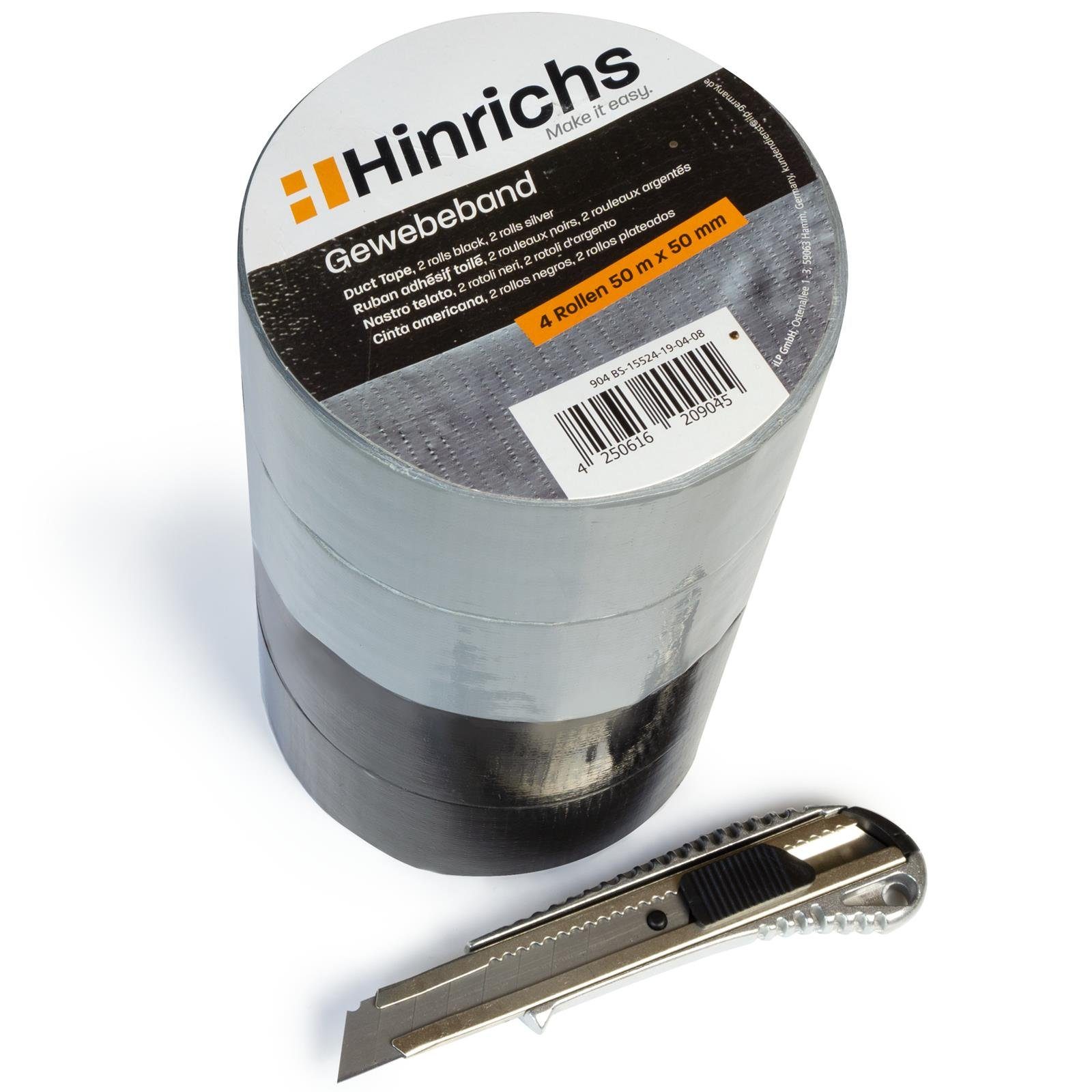 Hinrichs Klebeband Hinrichs Panzerband 4 und m silber Cuttermesser mm x Rollen 50 schwarz plus 50 50m