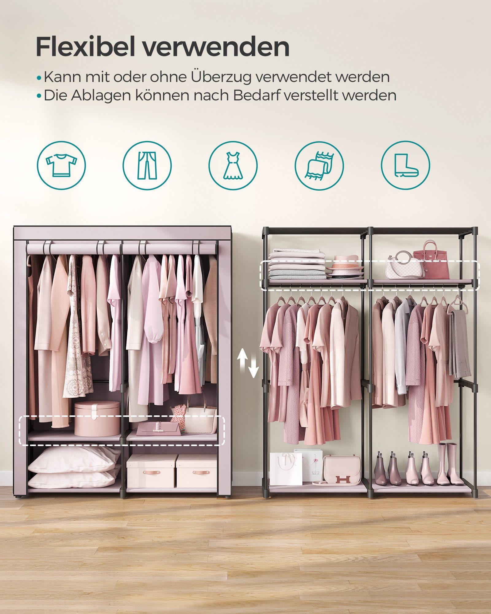 SONGMICS Stoffschrank Stoffschrank mit 2 Kleiderstangen, faltbare Garderobe, 1 er/2er Set – Bild 4 von 5