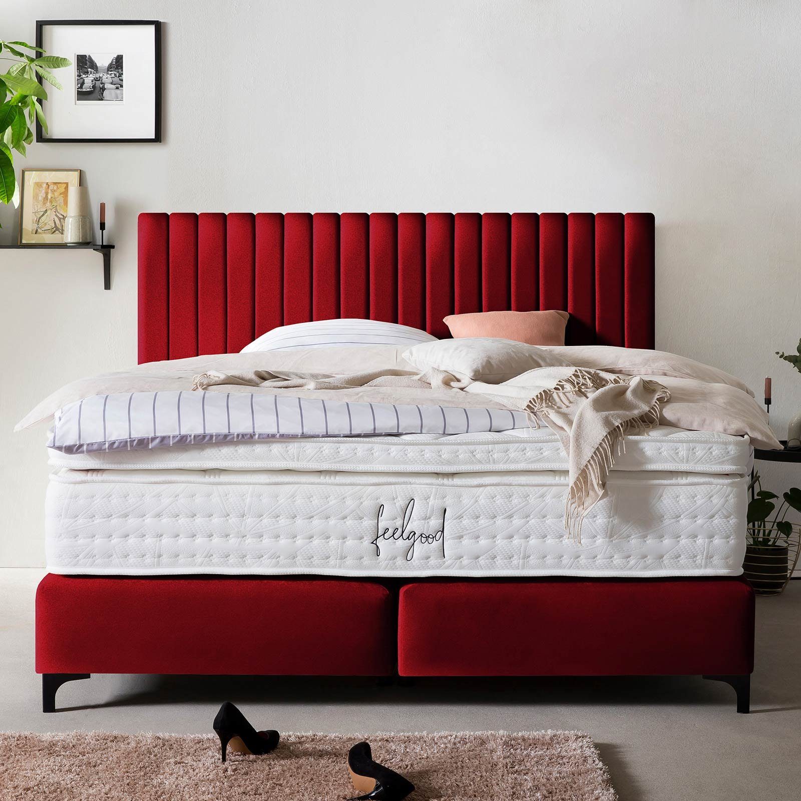 + 200 Topper, Schwarze optionaler Boxspringbett 140 BettCo x Metallfüße Paris Design cm), (in Pfeifensteppung Samt, Rot