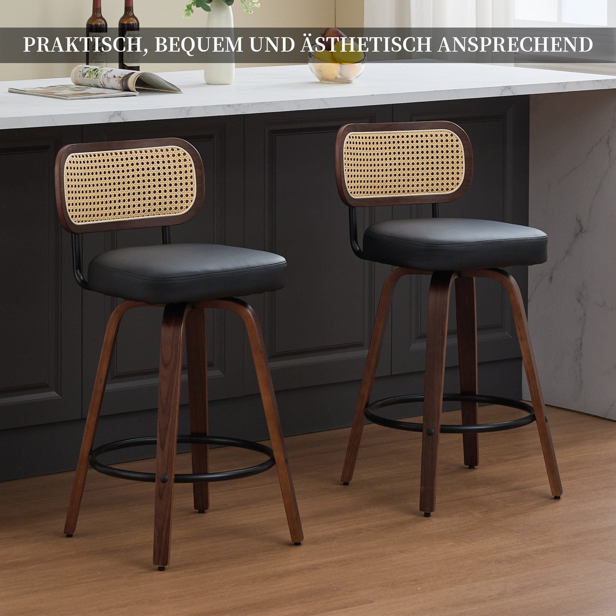 SeedWave Barhocker Barstuhl-Set mit Rattan Lehne, PU-Leder Drehsitz, Walnussholz Beinen (2er Set), schwarzer Metall Ring-Fußstütze, Küchenhocker im Retro Industriestil