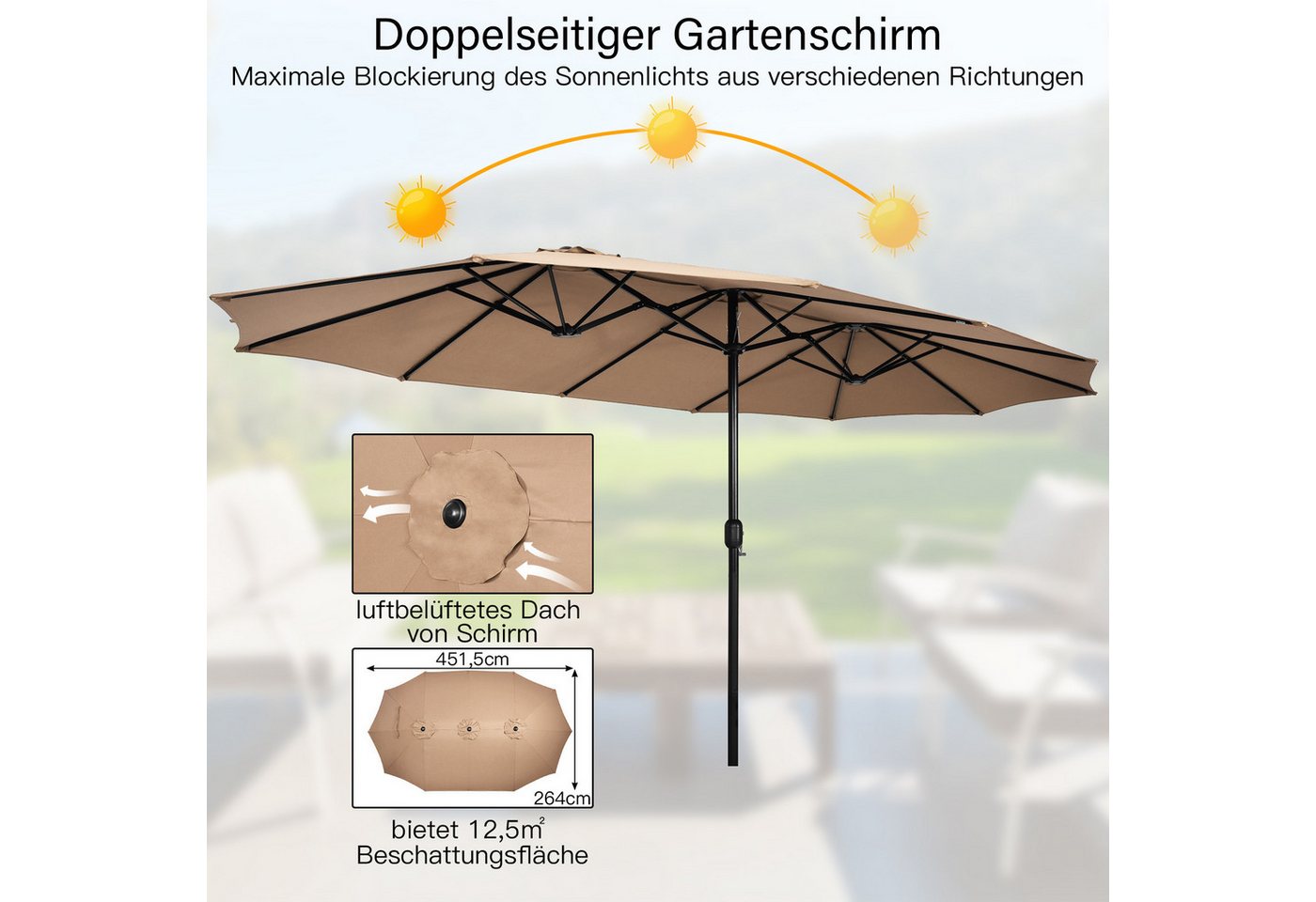 Thumbnail - KOMFOTTEU Sonnenschirm, Doppelsonnenschirm mit Kurbel & Belüftung