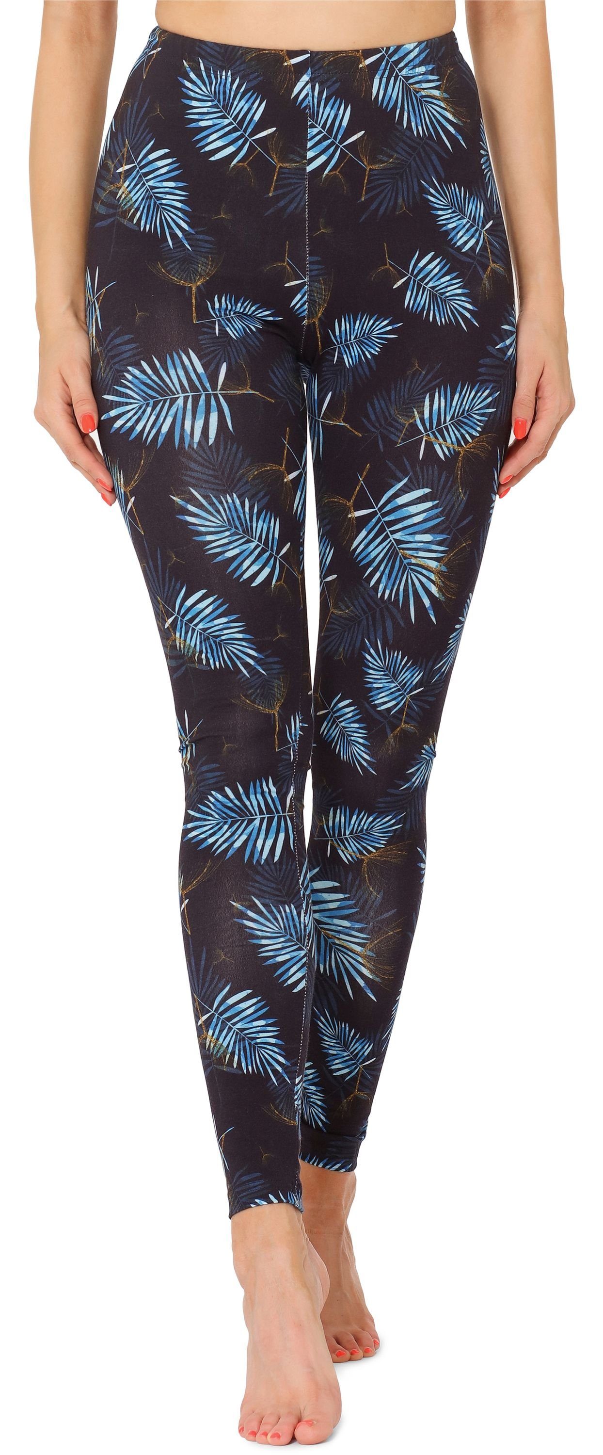 Merry Style Leggings Damen Lange Leggings MS10-338 (1-tlg) elastischer Bund Marineblau/Blau Blätter