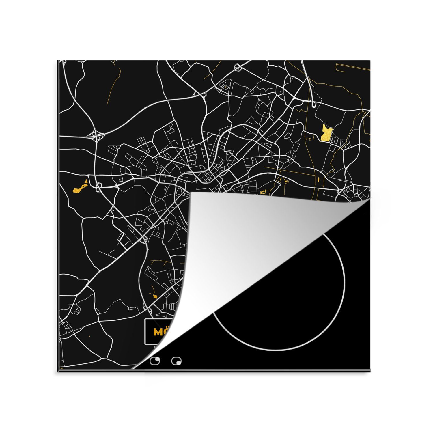 MuchoWow Herdblende-/Abdeckplatte Mönchengladbach - Schwarz und Gold - Karte - Stadtplan -, Vinyl, (1 tlg), 78x78 cm, Ceranfeldabdeckung, Arbeitsplatte für küche
