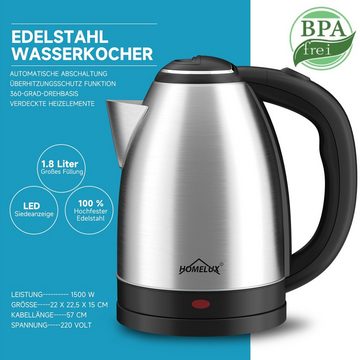 HOMELUX Wasserkocher Edelstahl Electric Kettle Mit Filter, Kessel Bpa-Frei, 1.8 l, 1500,00 W, Abschaltautomatik, Ideal FüR Tee, Kaffee, Babynahrung
