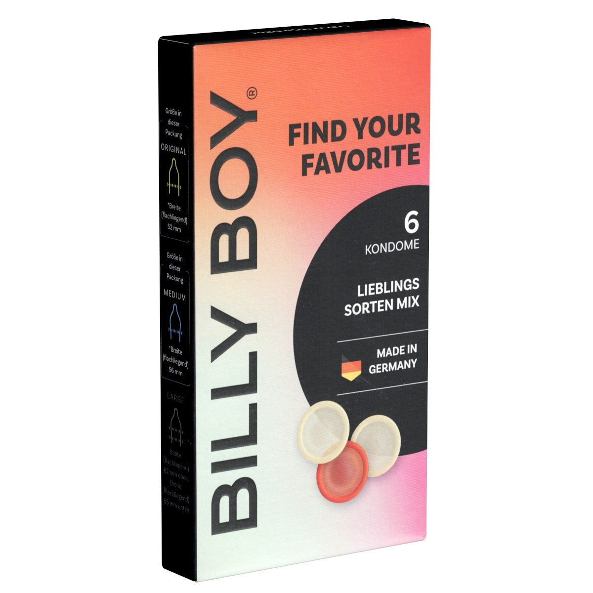 Billy Boy Kondome Find Your Favourite Packung mit, 6 St., Kondome im Sortiment, transparente und farbige