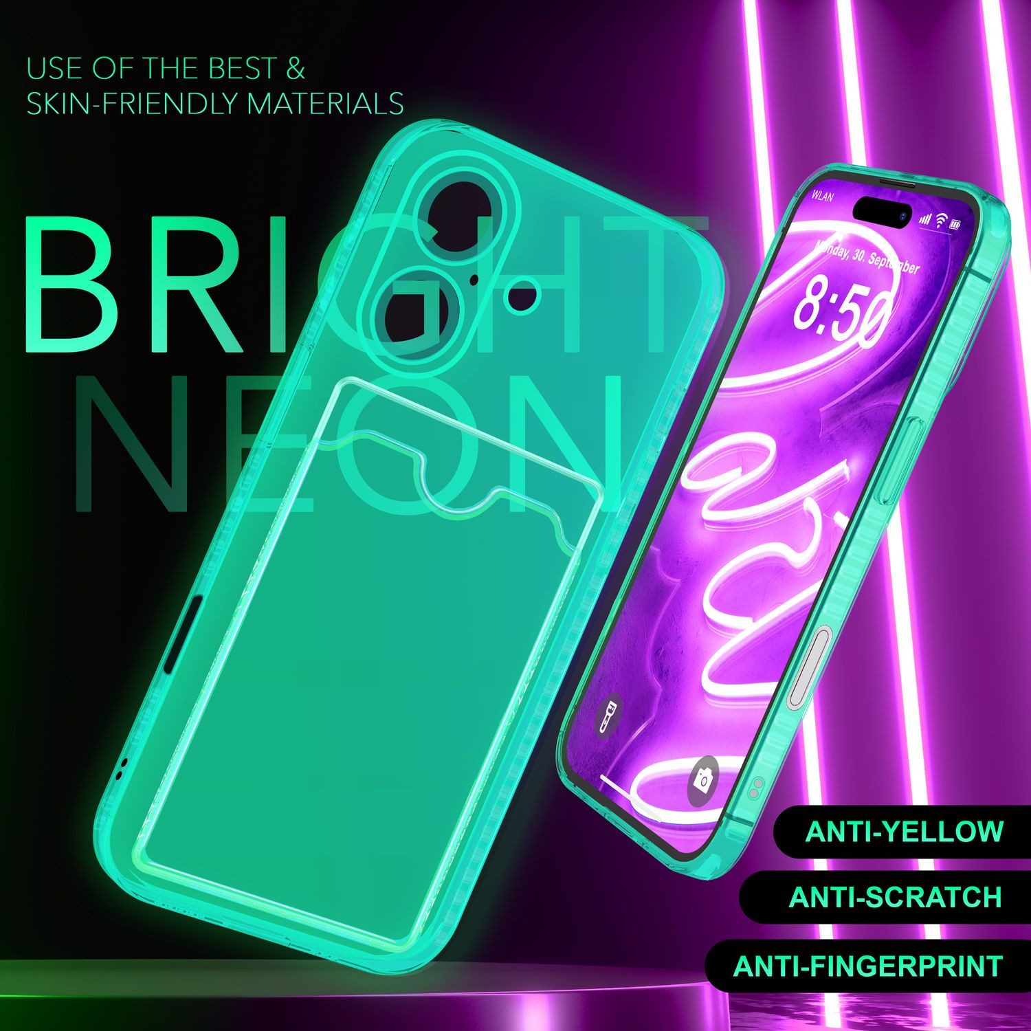 Nalia Smartphone-Hülle Apple iPhone 16 15,5 cm (6,1 Zoll), Klare Neon Silikon Hülle mit Kartenfach / Durchsichtig Bunt Leuchtend