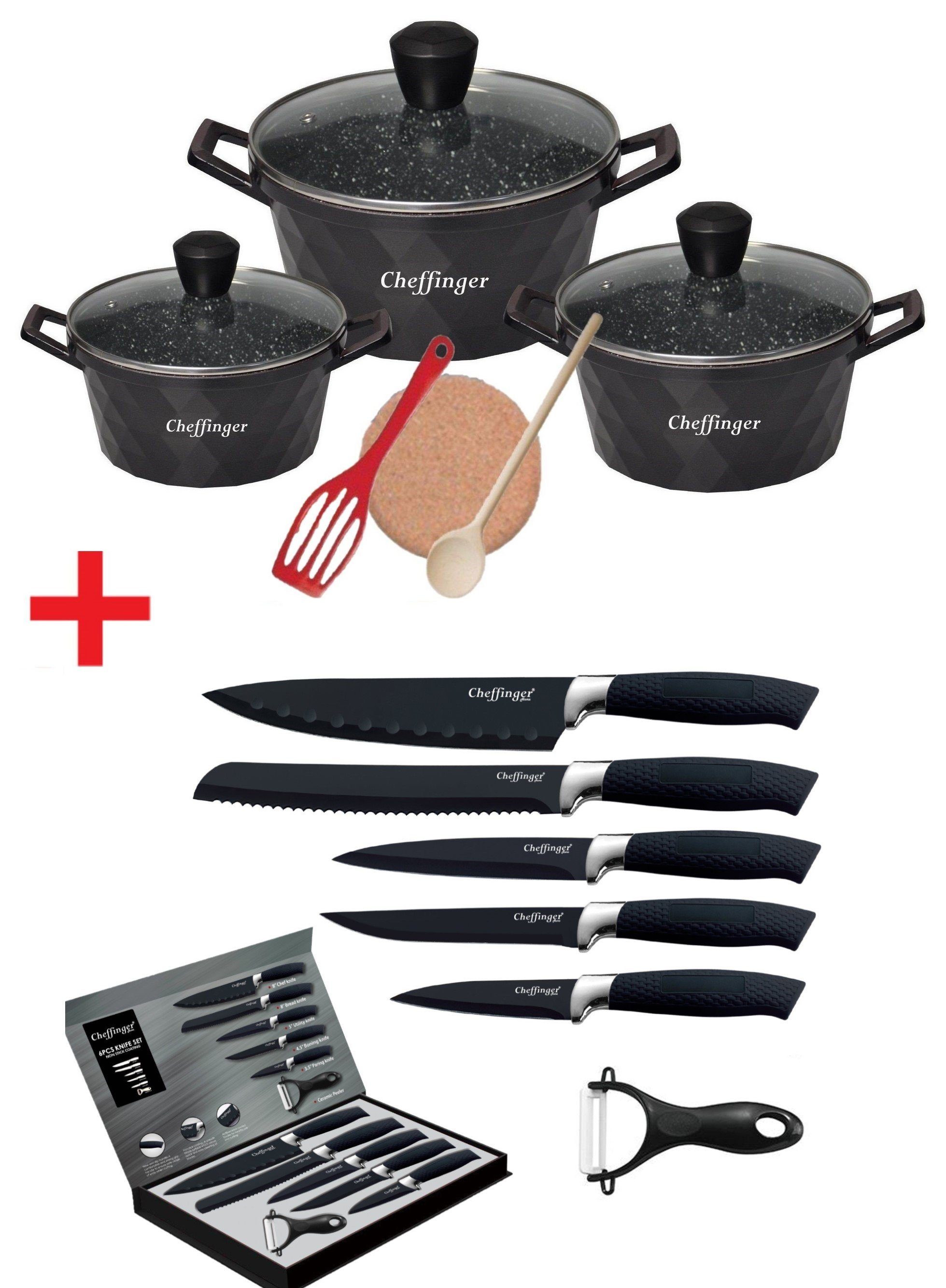 KESSMANN Topf-Set Induktion Bratentöpfe 20 24 28cm mit Deckel 9tlg + Messerset 6tlg, Aluminium (Set, 15-tlg., Inkl. 1 Pfannenwender + 1 Untersetzer + 1 Holzlöffel Topfset Messer), alle Herdarten Fleischtopf Antihaft Brattopf Küchenmesser Box Knife