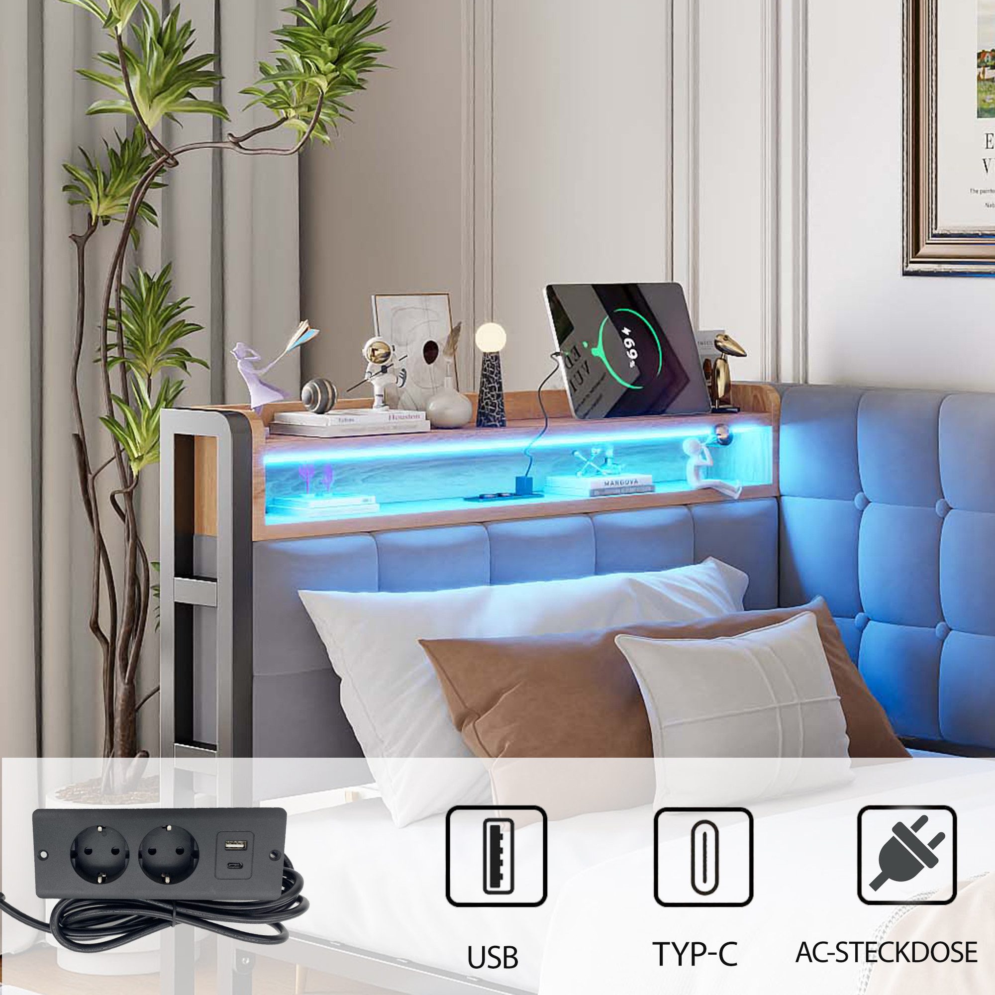 Merax Daybett (Einzelbett Jugendbett Tagesbett Kinderbett Samt, 1 tlg), Polsterbett Schlafsofa 90x200cm mit LED, 2 Schubladen, USB & Typ-C