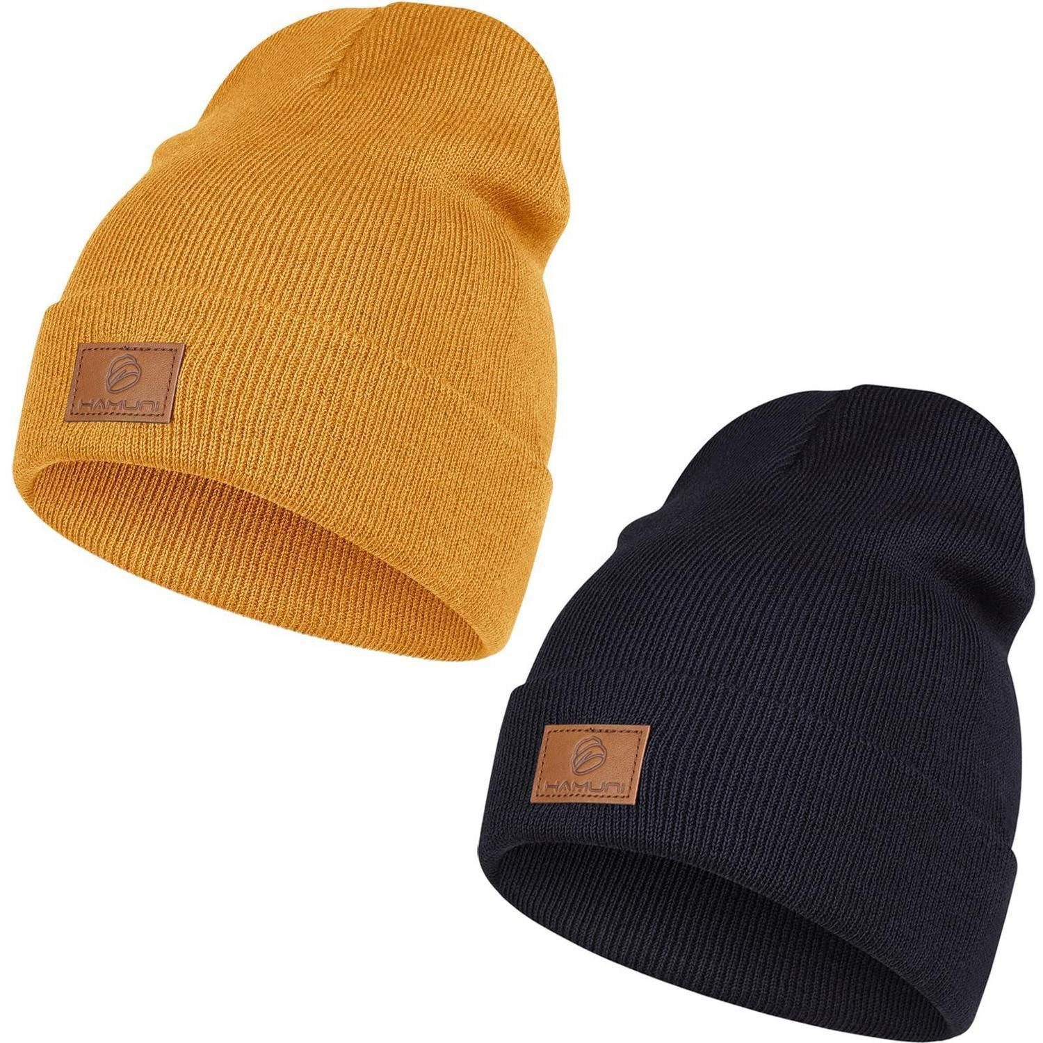 Beanie Beanie Mütze Herren Damen Wintermütze Einheitsgröße Schwarz+Goldgelb