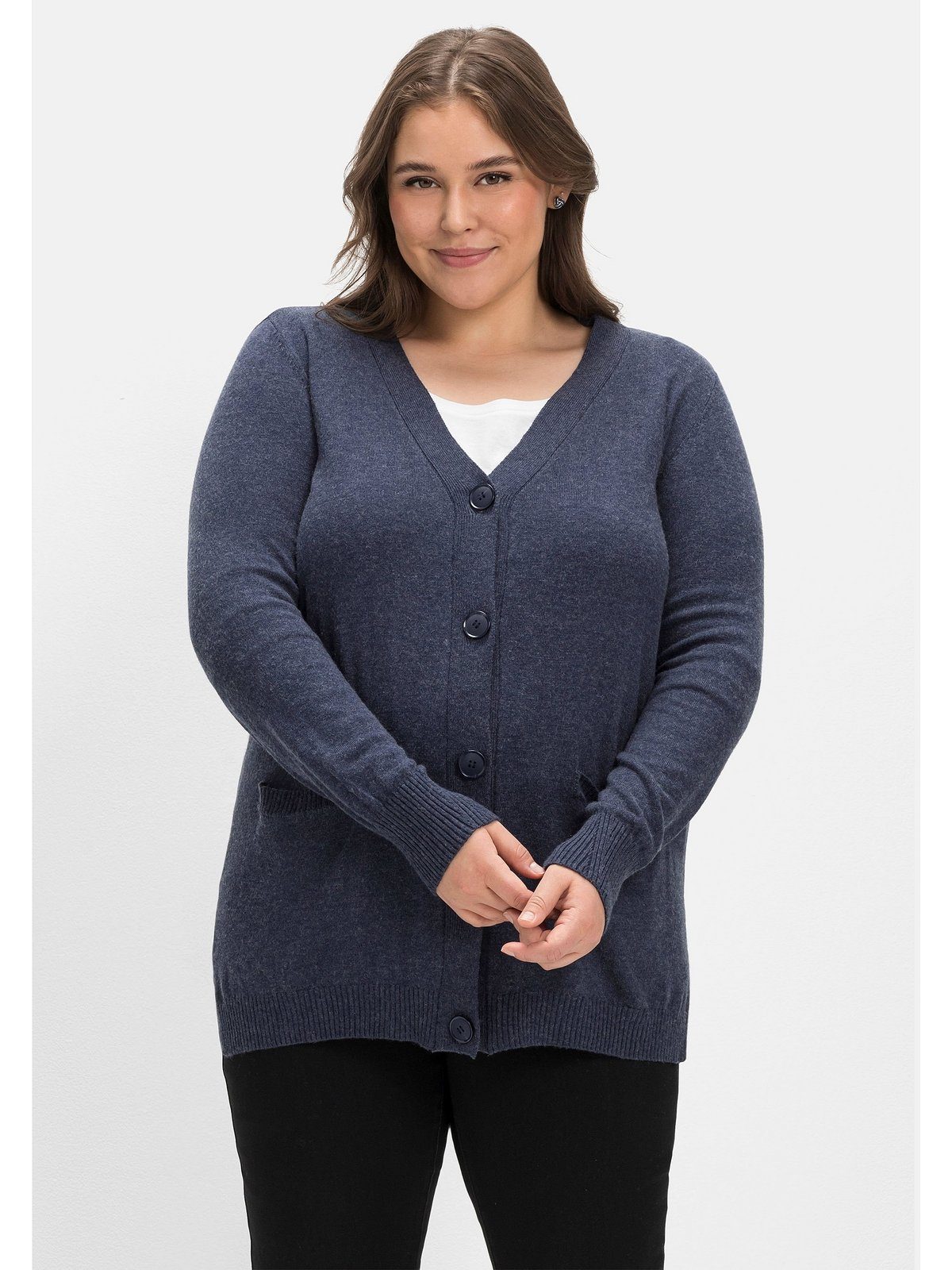 Sheego Strickjacke Große Größen mit Kaschmir, Ajourstrick hinten indigo meliert | Cardigans