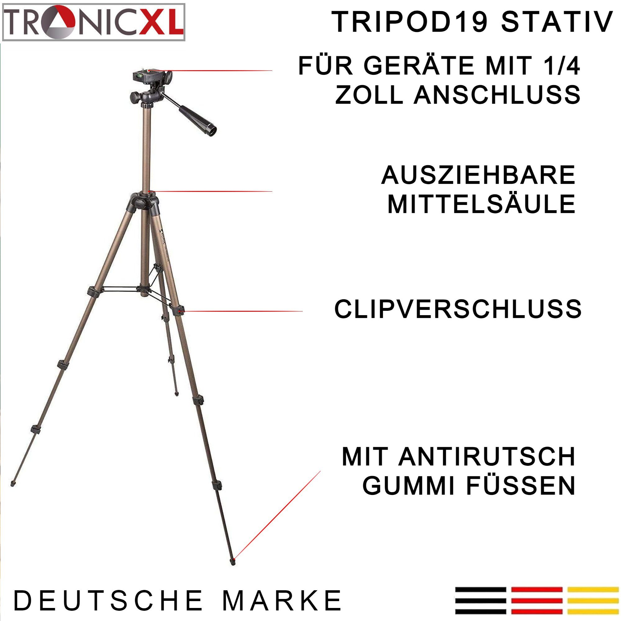 TronicXL Tripod 19 Universal Kamera Stativ 105cm + Tasche für Canon Nikon Sony Kamerastativ