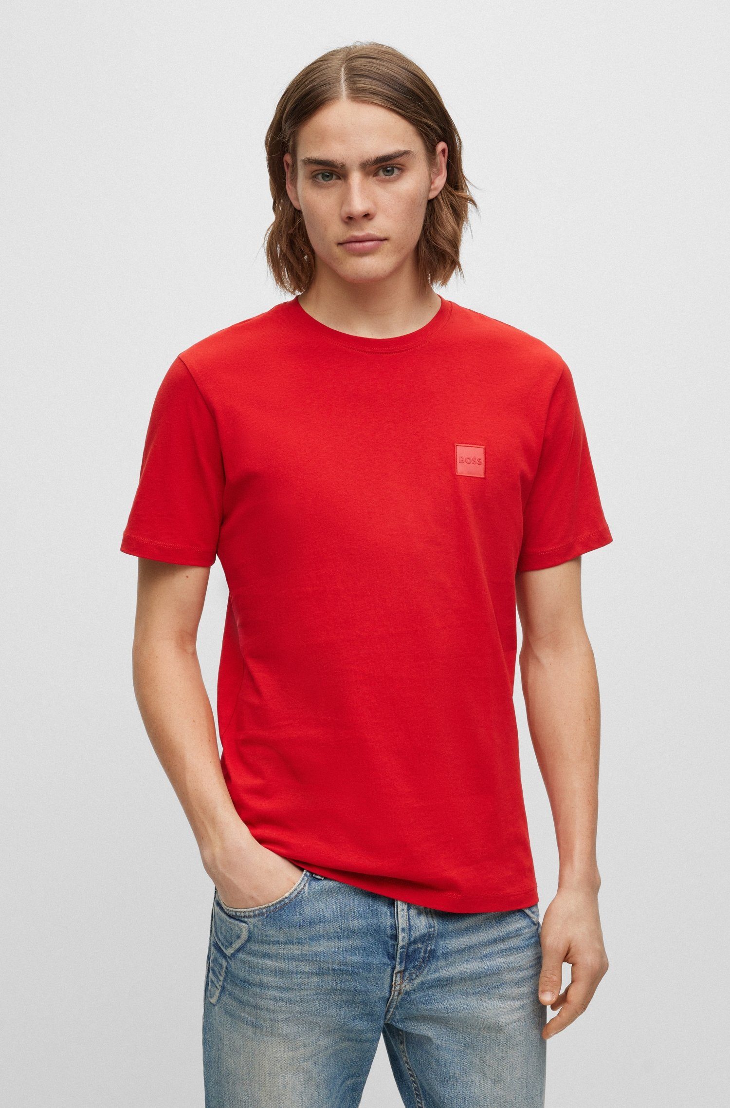 BOSS ORANGE T-Shirt mit auf Brust, Mit im BOSS-Stickerei Kontrastband der Krageninneren